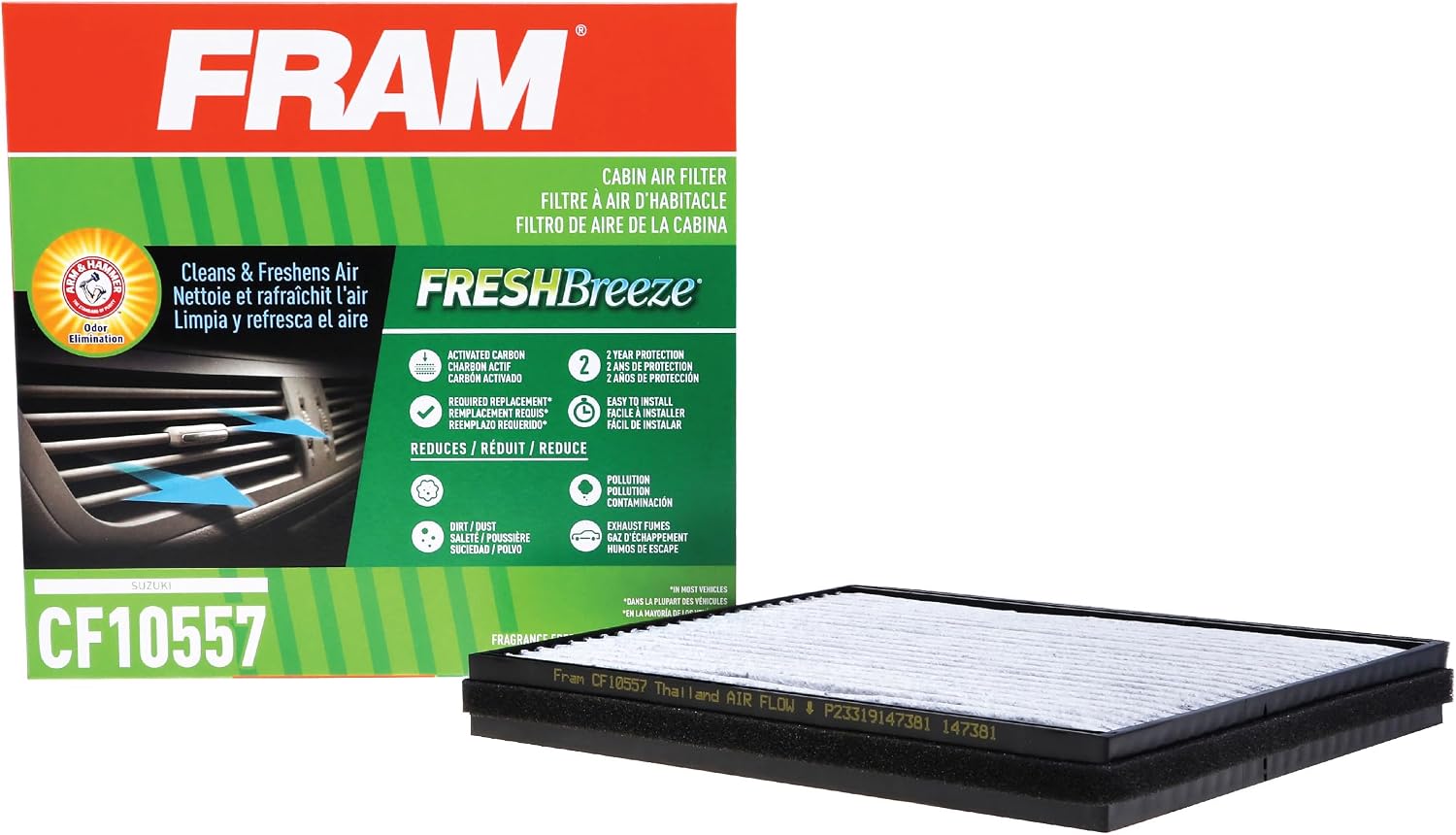 FRAM Fresh Breeze Cabin Air Filter Replacement for Car Passenger Compartment w/ Arm and Hammer Baking Soda, Easy Install, CF10557 for GM/Suzuki Vehicles , white