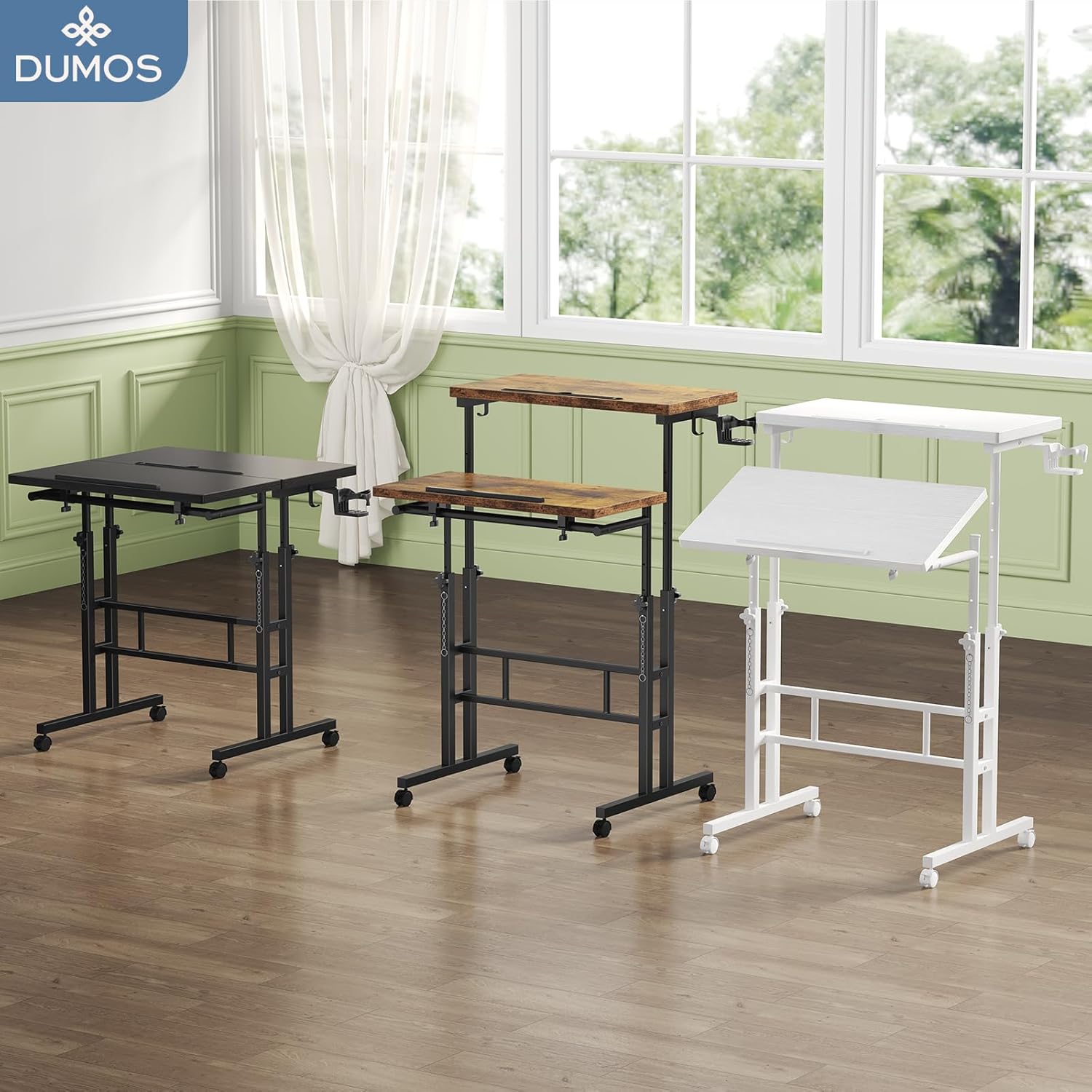 DUMOS Split Top Rolling Standing Desk, 23.6 Inch Mobile Laptop Computer Desk, Manual Adjustable Height Workstation on Wheels, Sit Stand Office Table, Walking Pad Study Desk, White