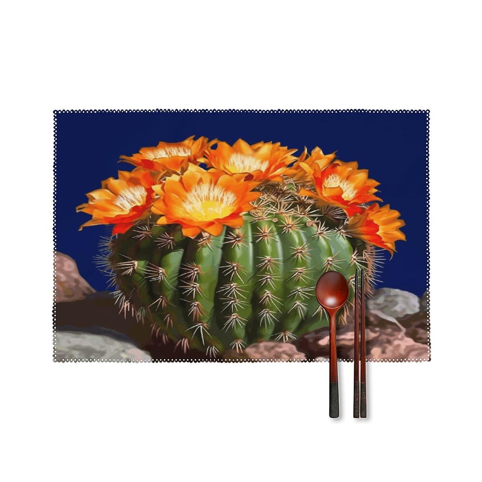 Blooming Barrel Cactus Placemats Set of 4 Heat Resistant Non-Slip Place Mats for Dining Table Washable Placemat Wipeable Dining Table Mat Canvas Place Mats Dining Table Decor