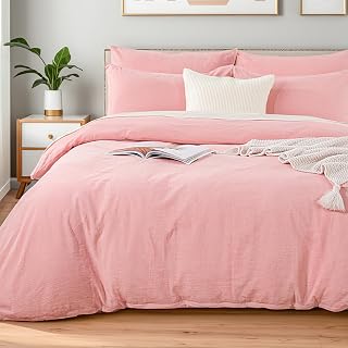 NEXHOME PRO Duvet Cover Twin 100% Washed Cotton, Organic Natural Linen Like Textured, Breathable, Durable, Home Bedding Set, Heathered Pink 6890