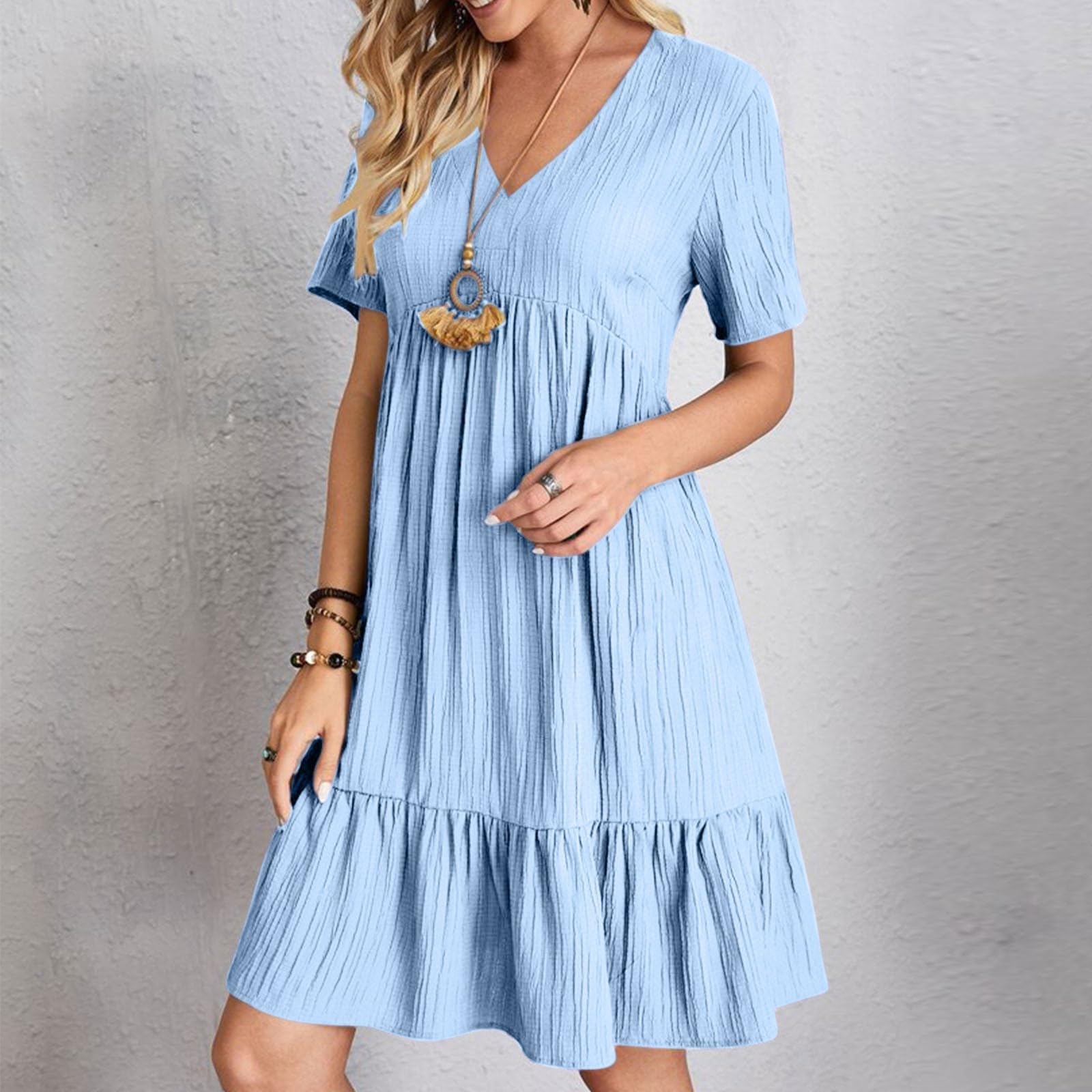 Vestido de muselina para mujer, de verano, de lino, largo hasta la rodilla, con cuello en V, camiseta, vestido de manga corta, vestido de casa, elegante, sencillo, informal, suelto, con volantes