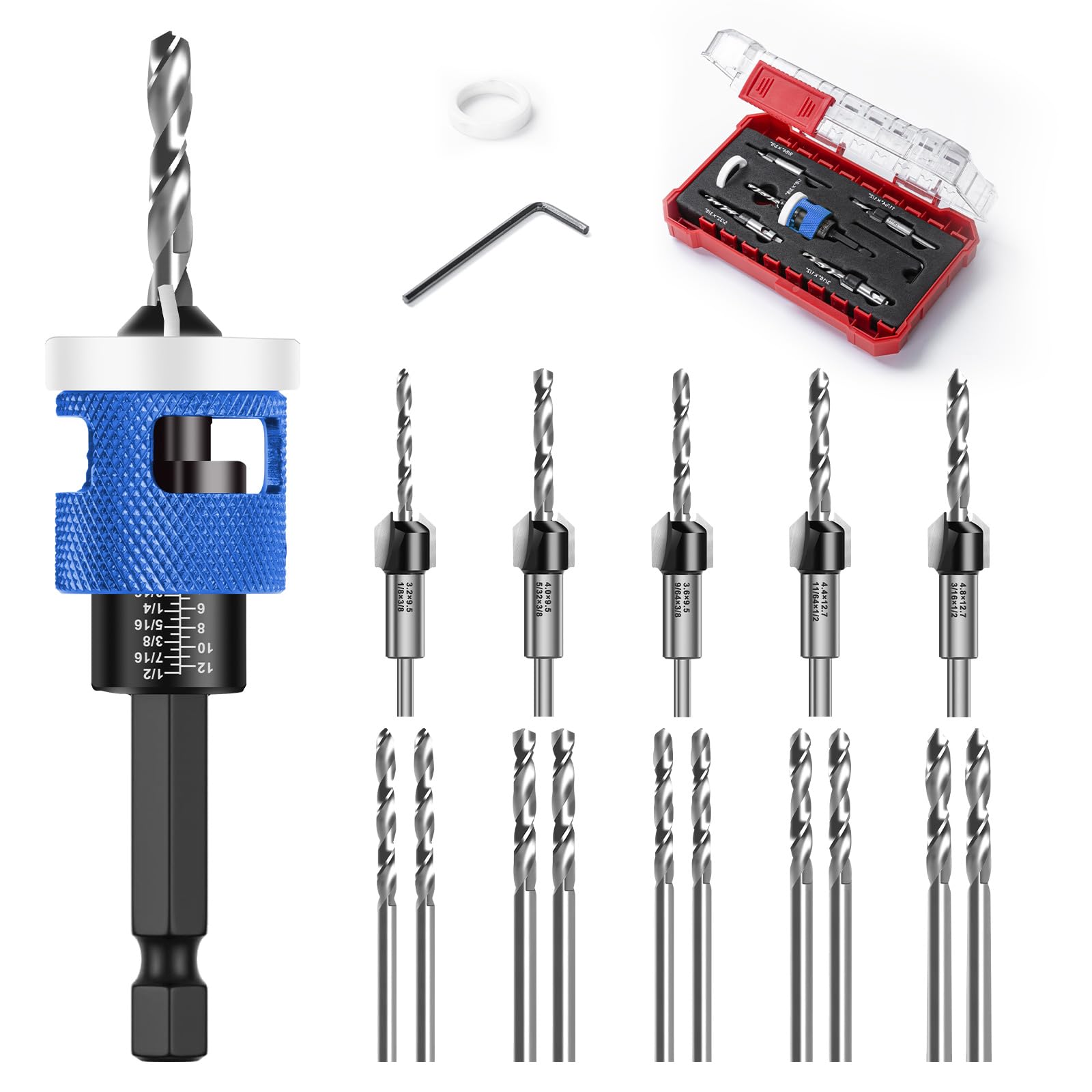 Mtchavno Countersink Drill Bit Set, 15 Pieces, Countersink Wood Drill Bit with Depth Stop, Drill Countersink with 1/4 Inch Hex Shank, Made of HSS-M2, Precise Drills, for Wood Processing