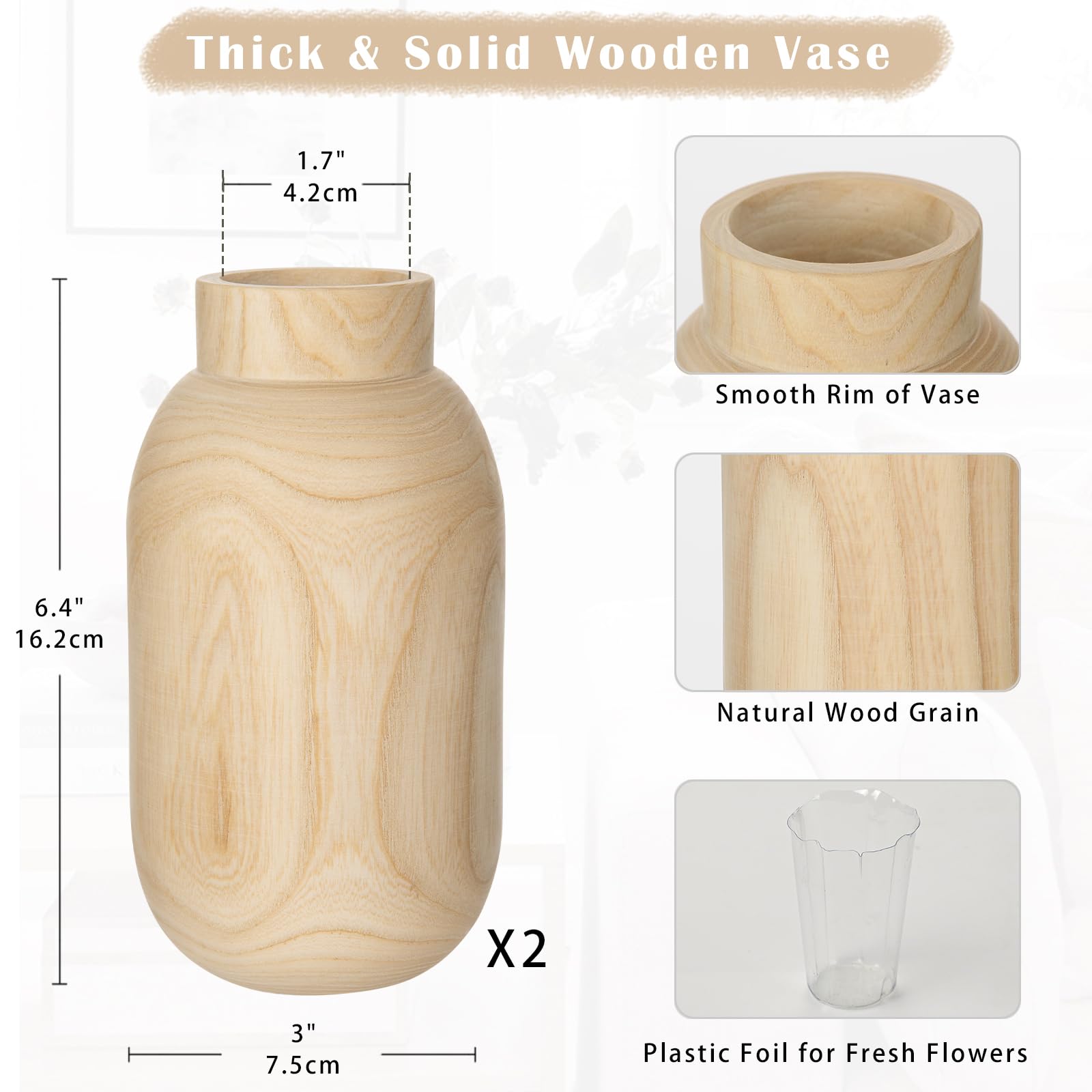 Briful 2-Pack Handmade Wooden Flower Vase - Image 2