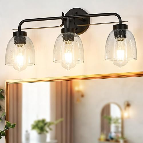 Luces de tocador de 21 pulgadas, 3 luces negras vintage industriales de baño con pantalla de vidrio de burbujas, aplique de pared para espejo de