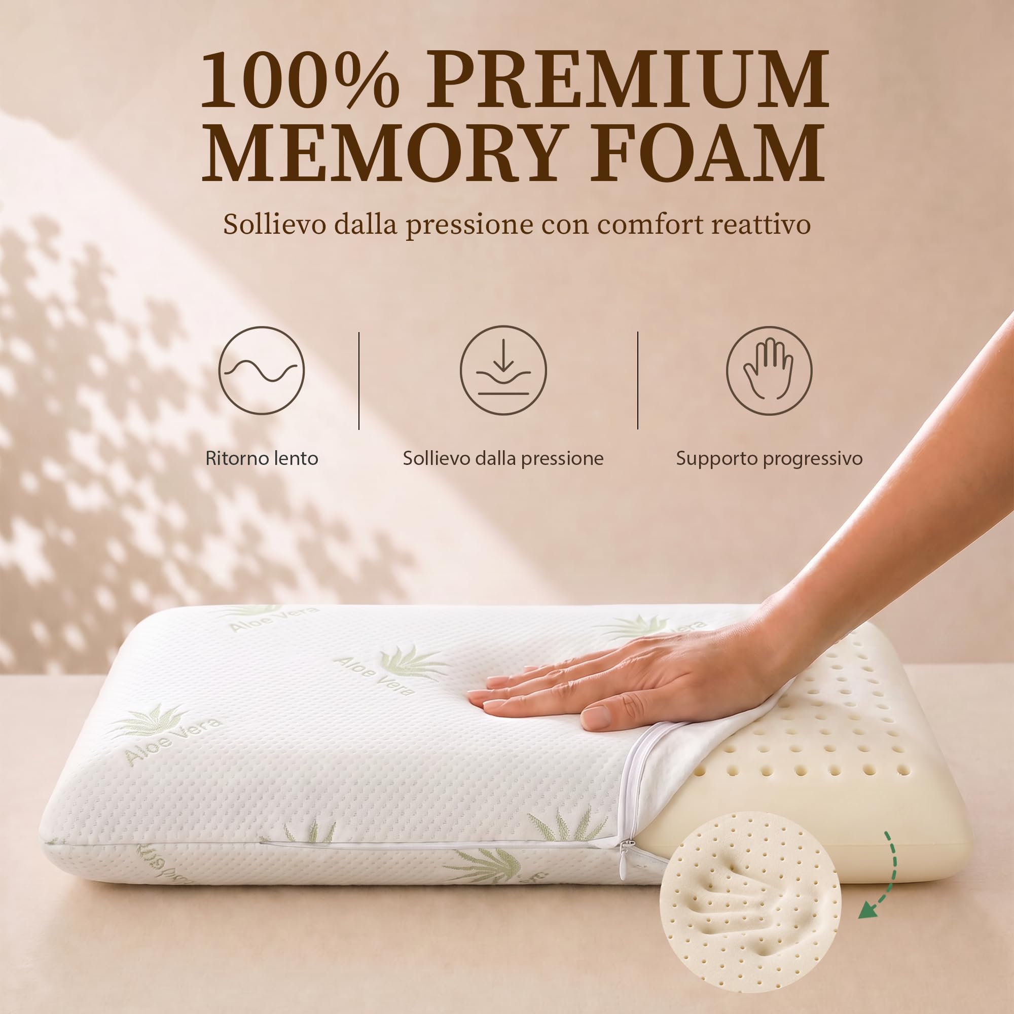 DREAM Cuscino Memory Foam Cervicale Saponetta AIR in Aloe Vera 12 cm - Cuscino per Dormire Traspirante Certificato Dispositivo Medico - Guanciale letto Made in Italy con Federa Lavabile Antibatterica