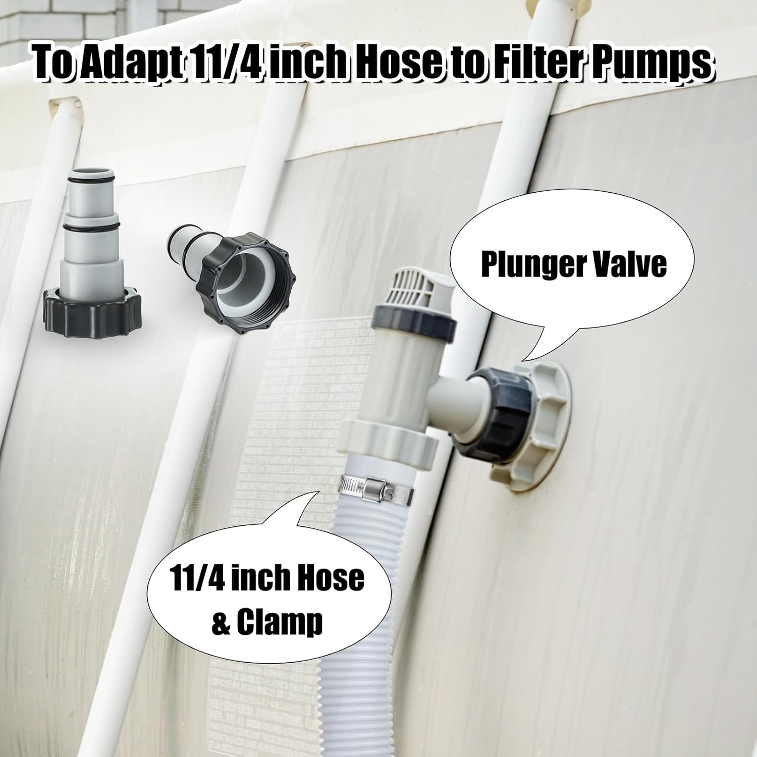 Kathfly 2 Pack Swimming Pool Filter Hose Replacement Kit 1.25 Inch Diameter 59 Inch Length for Above Ground Pools with 4 Pcs Metal Clamps and 2 Pcs Hose Adapter (Transparent)