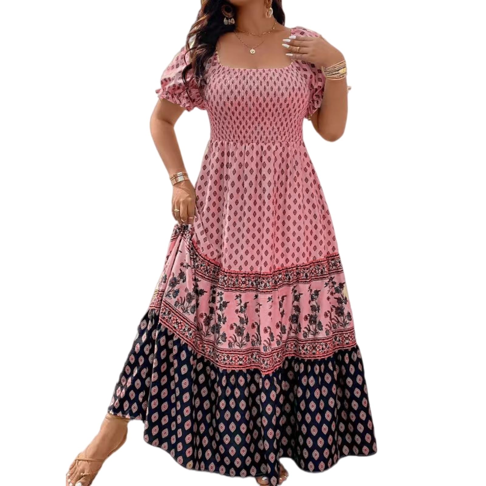 Vestito Donna Bohemian Smoked Dress Floral Stampa Manica Corta Vacanze Estatali Sundress-Black-XXXL-United States