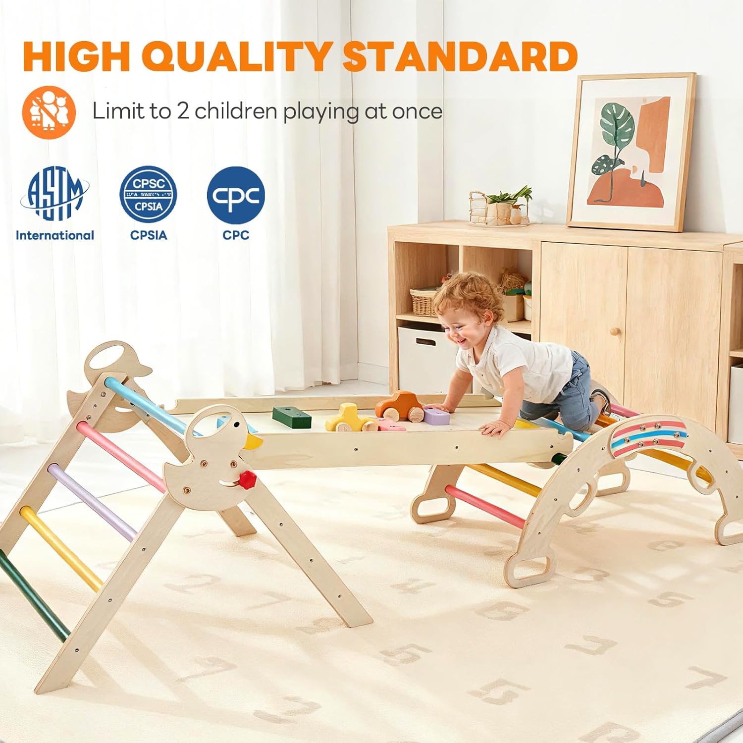 DUMOS Pikler Triangle Set, Toddler Climbing Toys and Play Structure Indoor, 9-in-1 Wooden Montessori Climbing Set with Arch, Ramp and Ladder, Foldable Baby Jungle Gym, Multicolored