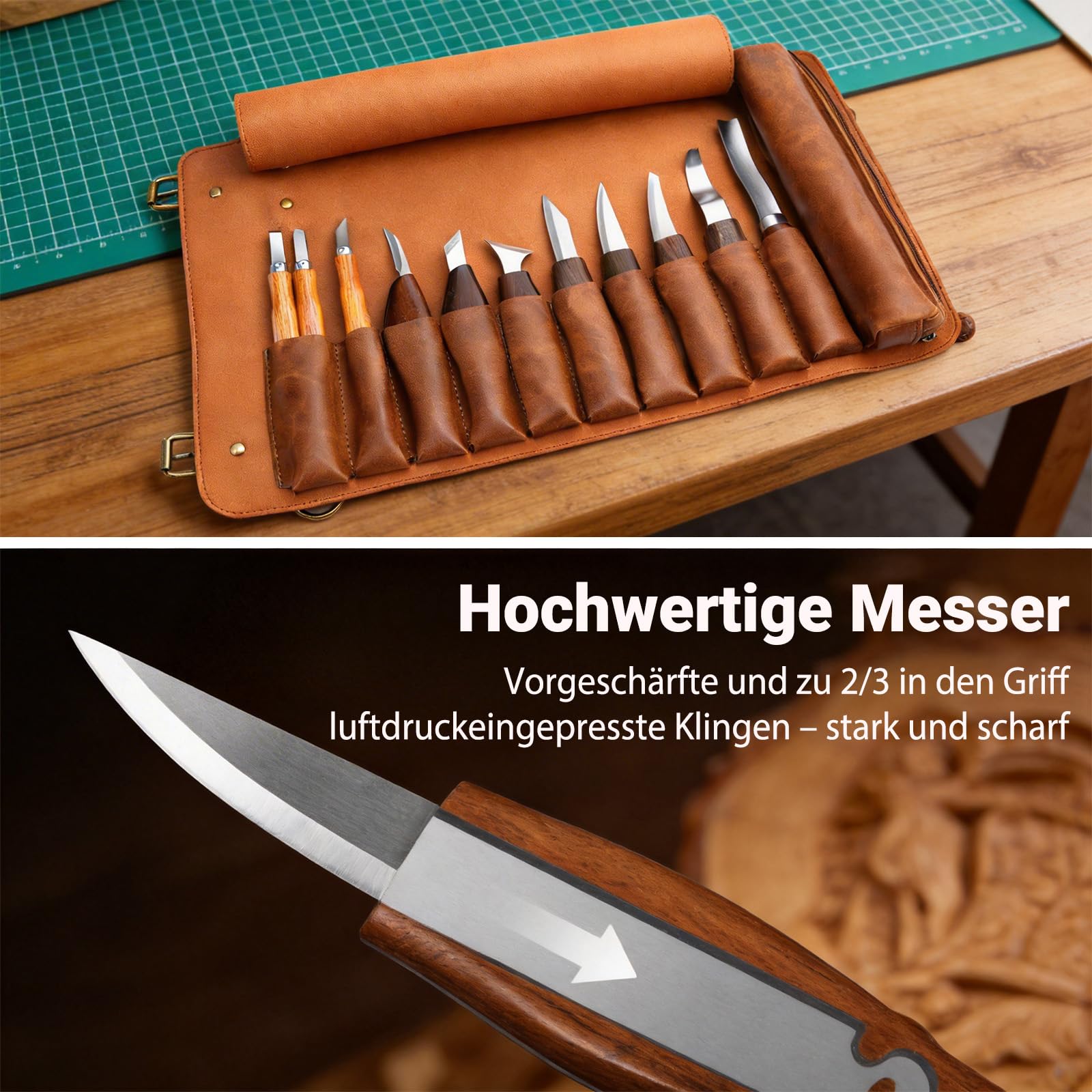 Holzschnitzerei-Set | Holzschnitzwerkzeug-Set | Tekchic 14-teiliges Schnitzmesser-Set mit PU-Lederetui (braun) – für Anfänger, Profis & Holzschnitz-Enthusiasten