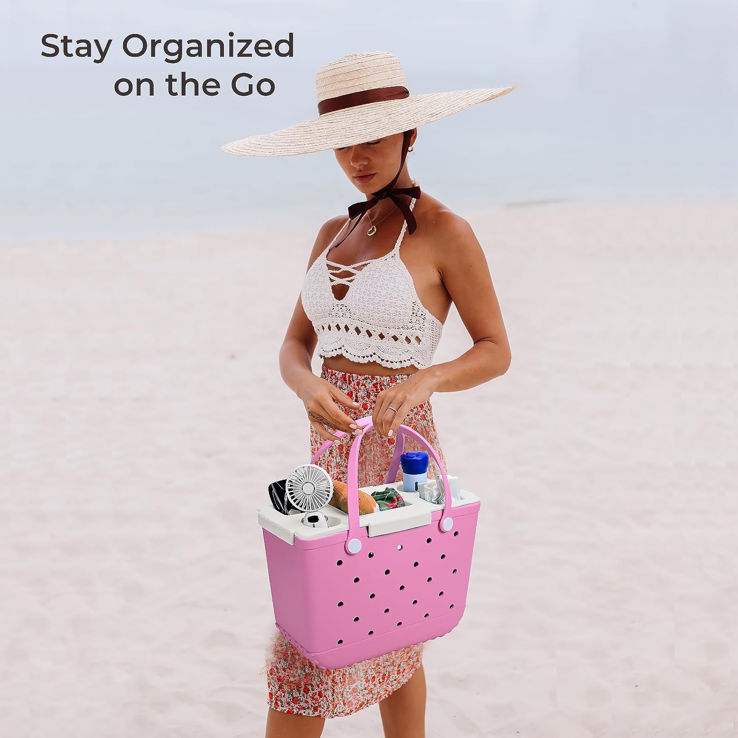 Tote Topper Tray Accessories for Bogg Bag Large Only – Waterproof EVA Table Top Organizer Lid with Cup Holder, Snack, Phone & Drink Holders for Beach, Pool, Picnic, Travel (White) image 6 of 8 B0FF9YG78T