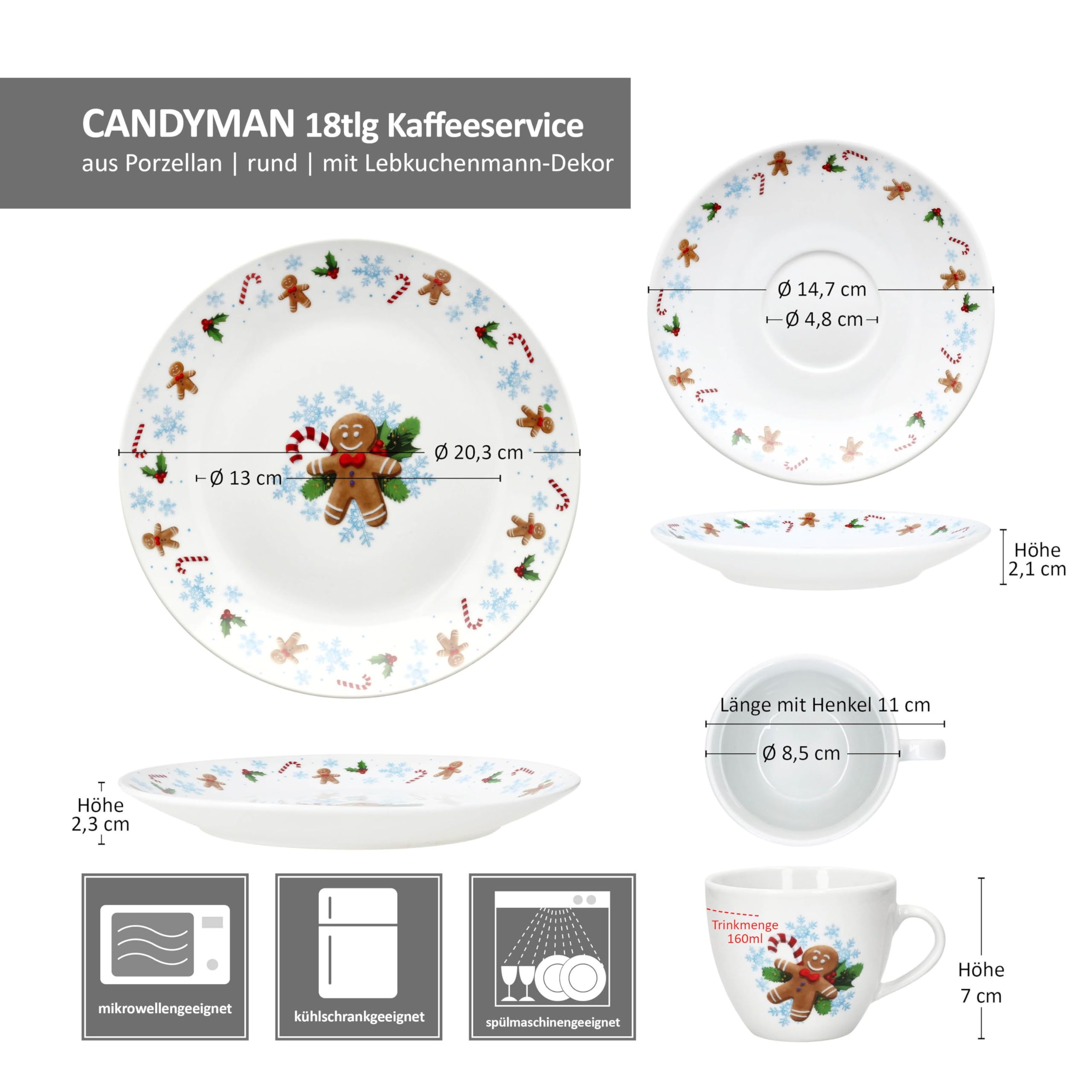 MamboCat Candyman 18tlg Kaffeeservice I Porzellan-Kaffeeset für 6 Personen mit eisblauem Weihnachtsdekor I Je 6X Kaffeetassen 160ml, Untertassen & Kuchenteller