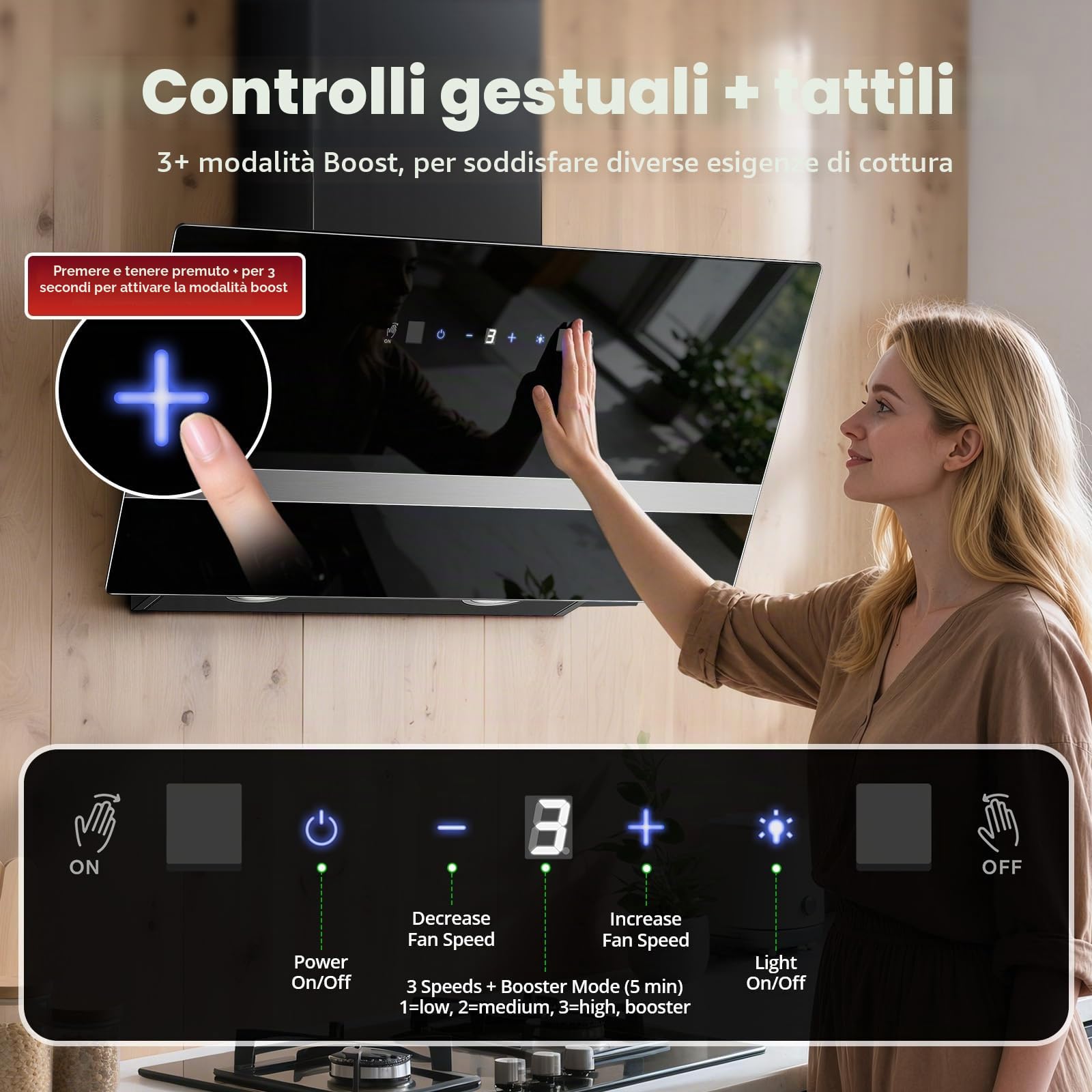 SNDOAS Cappa Aspirante 60 cm, 450 m³/h, Controllo Touch e a Gesti, A+++ | Cappa da Cucina Inclinata con Scarico/Ricircolo, 3 Velocità + Modalità Boost, Silenziosa, LED, Vetro Nero