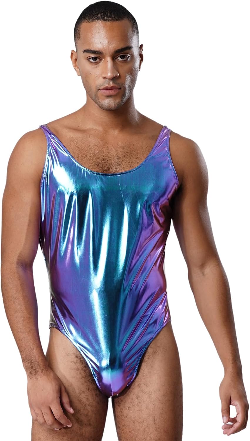Mens Shiny Metallic Leotard Bodysuit U Neck Sleeveless Tank Tops Rave Dance Outfit