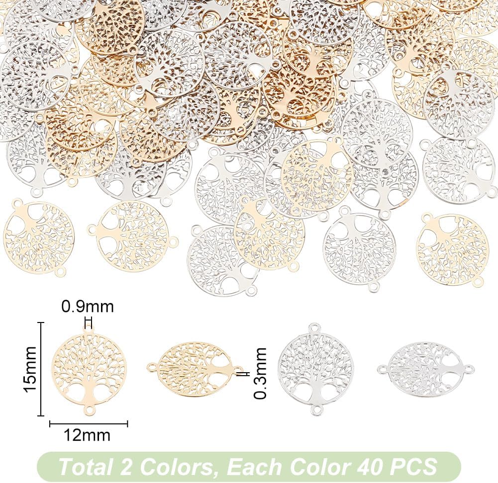 UNICRAFTALE 80Pcs Tree of Life Links Charms 2 Colors Metal Connector Pendants Plant Charms with Round Edge Metal Earrings Necalace Making Charms for Jewelry Making Accessories Hole 0.9mm - Image 3