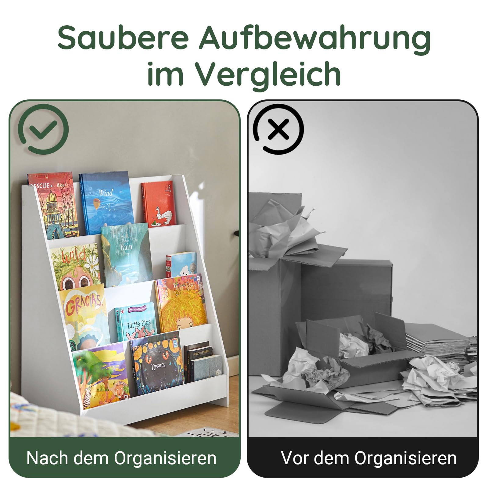 SoBuy Bücherregal Kinder Montessori Kinderregal mit 4 Ablagefächern Regal Kinderzimmer Spielzeug Aufbewahrung Büchergestell Hängefächerregal Weiß 80x88x30cm KMB32-W