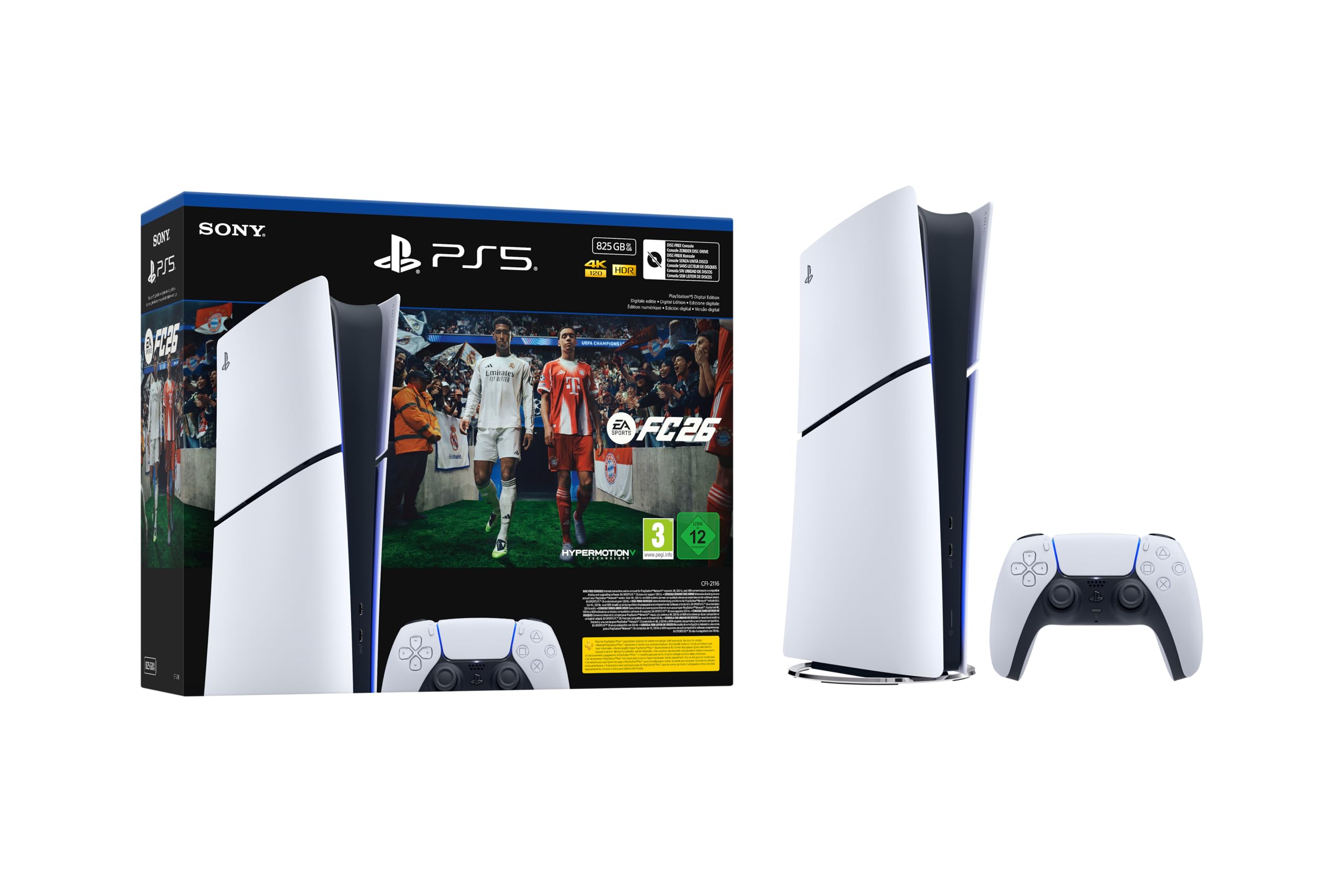 Playstation Sony, Pack Console 5 Édition Numérique, 1 Jeu Complet EA SPORTS FC 26 (Code), 1 Manette DualSense avec Retour Haptique et Gâchettes Adaptatives, SSD Ultra-Rapide, Couleur : Blanche
