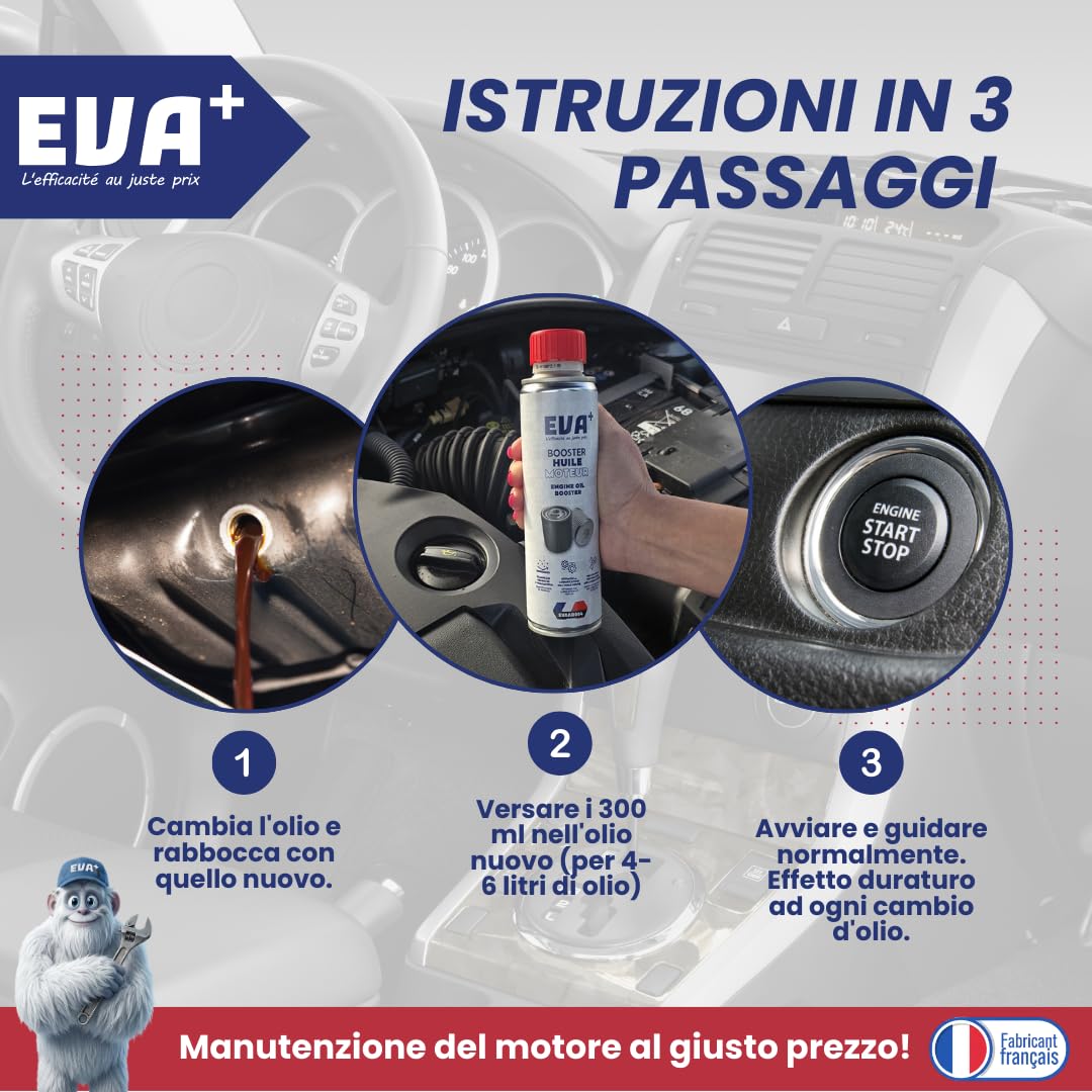 Trattamento Ceramico Booster Olio Motore 300mL - EVA+ EVAAD004 | Additivo Anti-Attrito & Antiusura | Riduce Consumi & Rumore Motore | Protezione Turbo Benzina Diesel Ibrido | Fino a 5L di Olio
