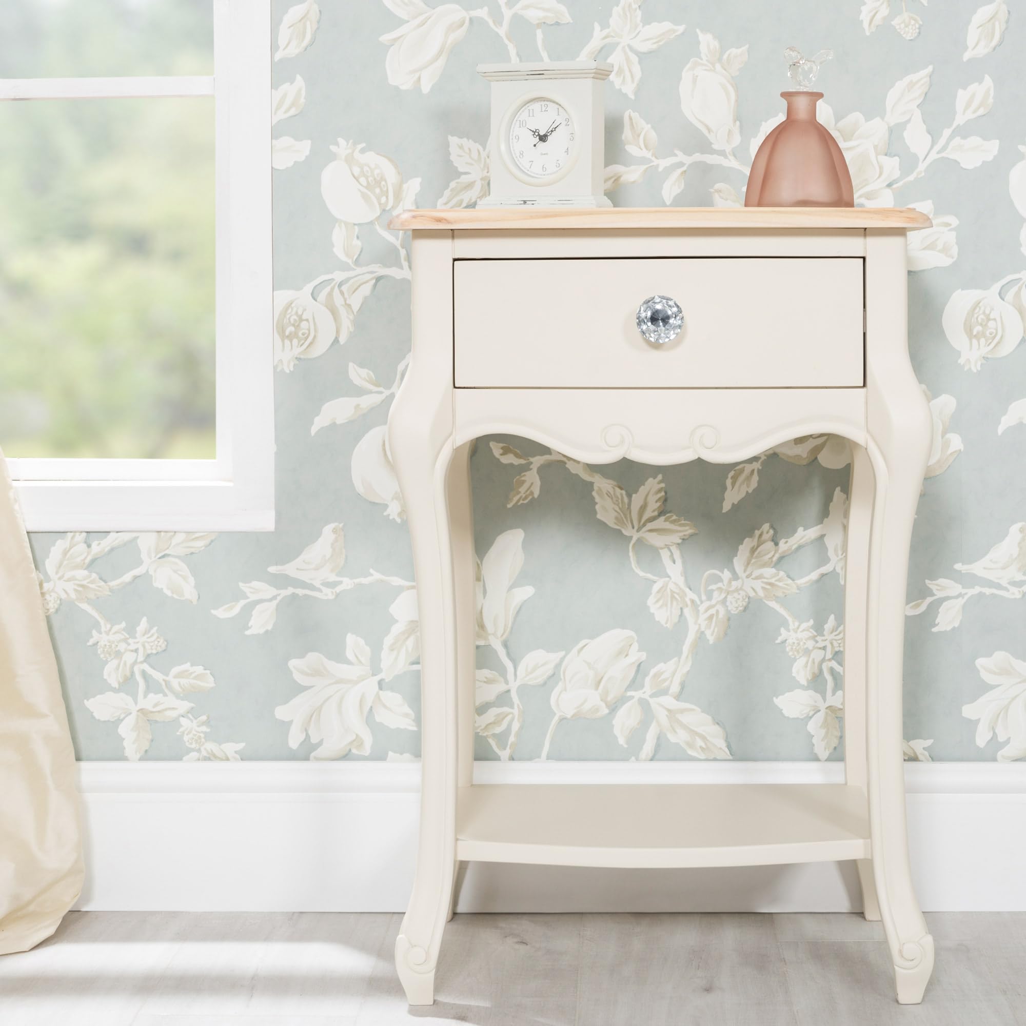 Statement Furniture Juliette Bedside Table | French Style 1 Drawer Nightstand with Hand-Carved Detail | White or Champagne Colour, Choice of Handles | Fully Assembled (Champagne-Crystal-Handles)