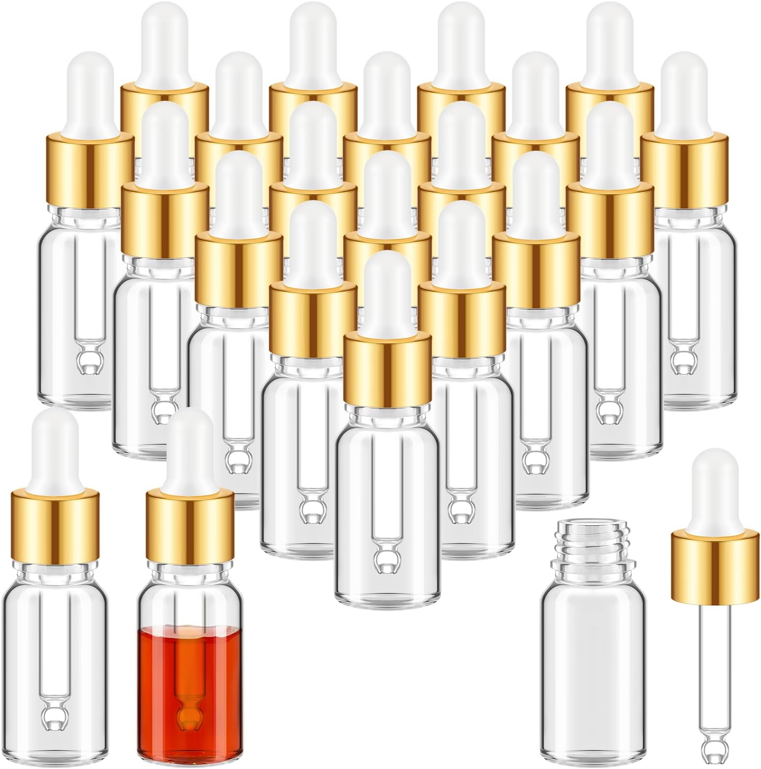 Didaey Mini Glass Oil Dropper Bottle Bulk, Clear Essential Small Empty Bottles Sample Containers Perfume Liquid Vials with Cap for Traveling(10 ml,Gold,100 Pcs)