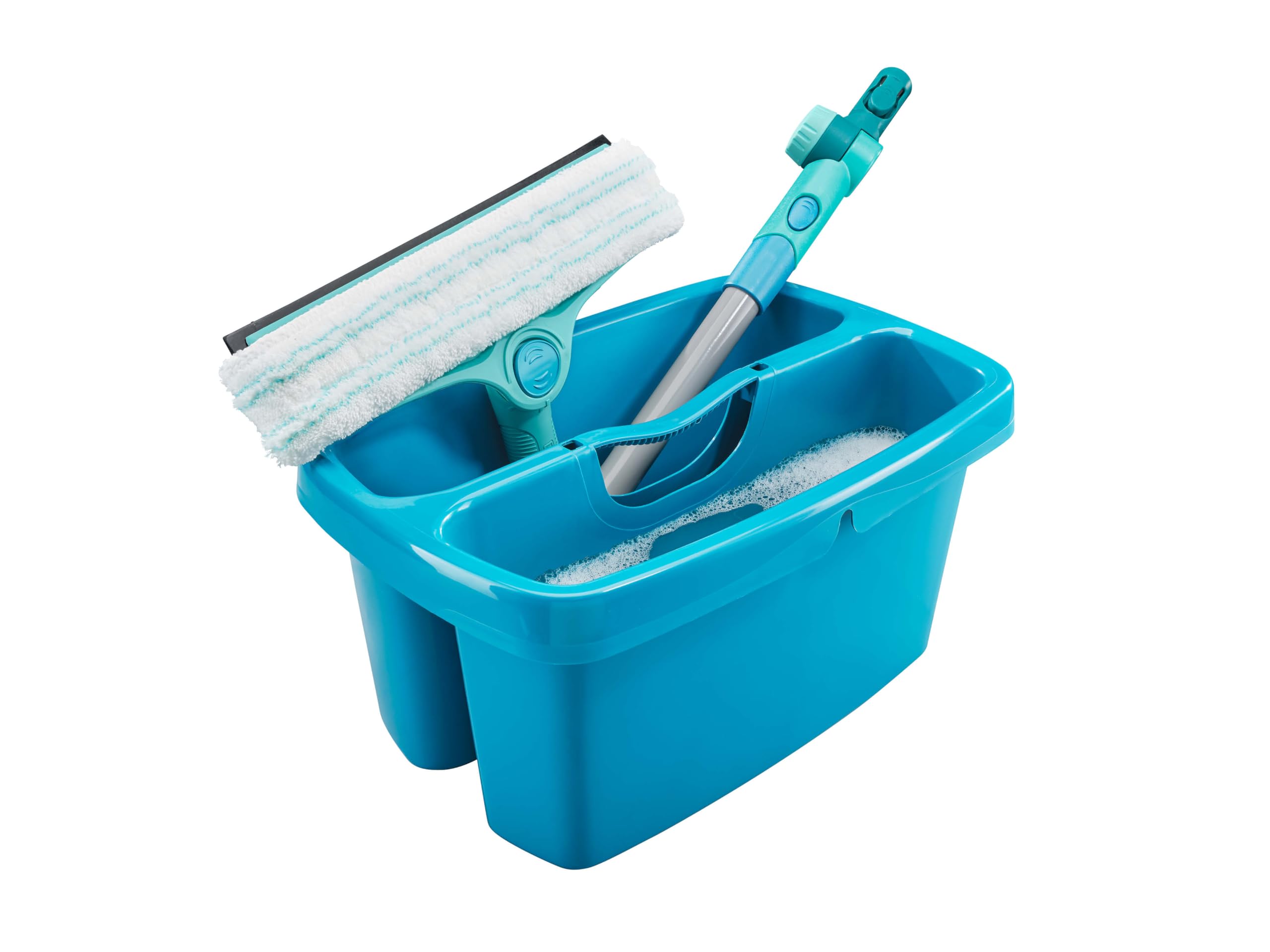 Leifheit Set Fensterreiniger 4in1 FlexReach Complete, Fensterwischer mit Stiel und Eimer, 43cm Stiellänge, Fensterabzieher, 4 in 1 Anwendung, waschbares Wischpad, Click-System