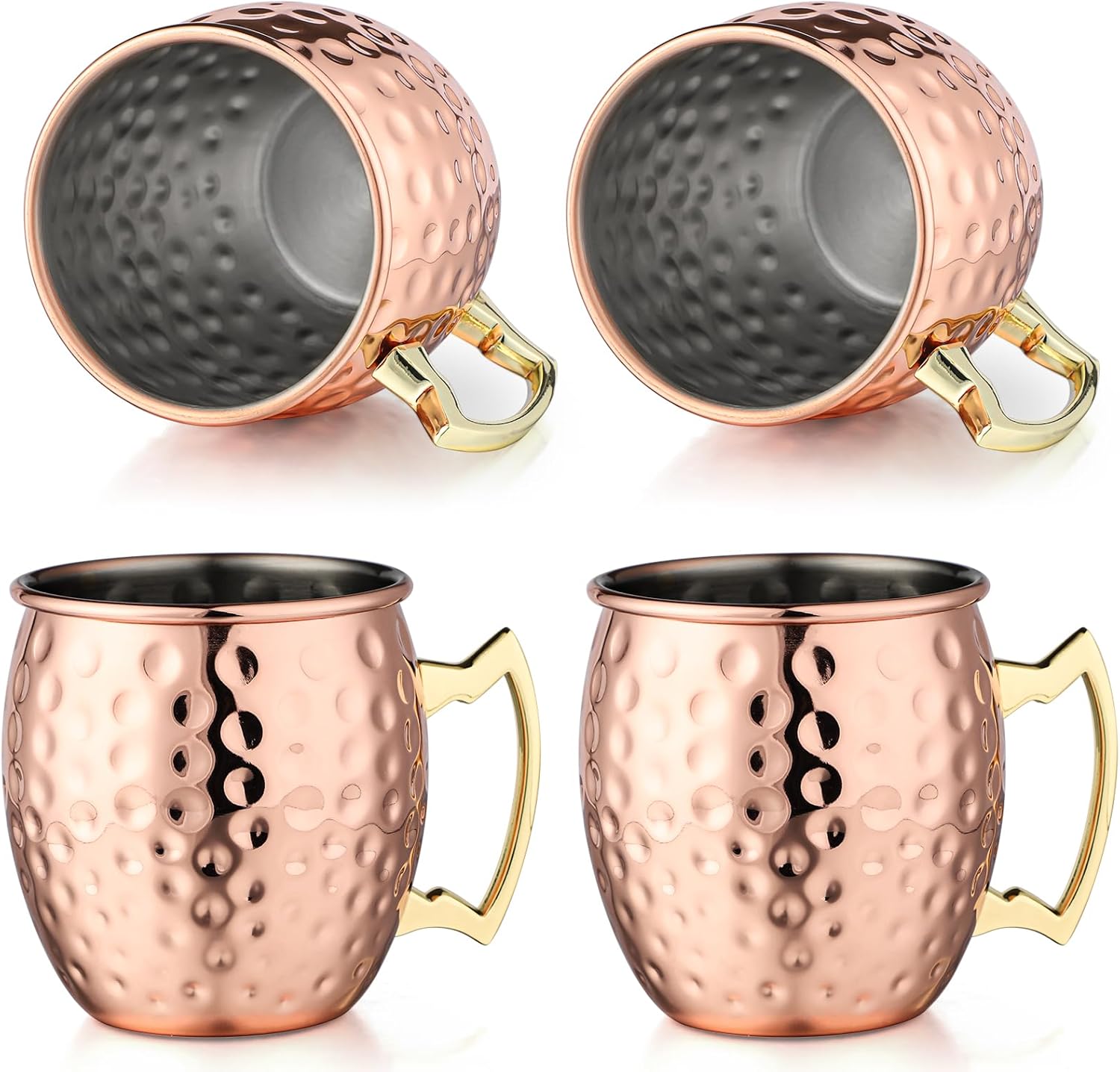 Moscow Mule Copper Mugs Set of 4, 16 oz Hammered Copper Cups Stainless Steel Lining and Gold Brass Handles for Cold Drinks, Beer, Wine, Bars, Parties