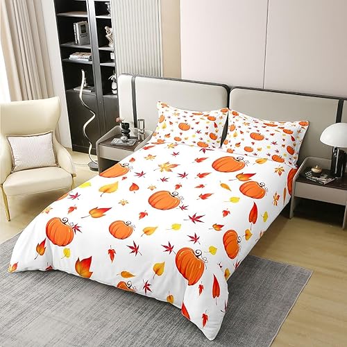 Miniatura 3 de Erosebridal Juego de funda de edredón de calabaza de otoño 100% algodón orgánico, hojas de arce tamaño Queen, para niños y niñas, cosecha de otoño,