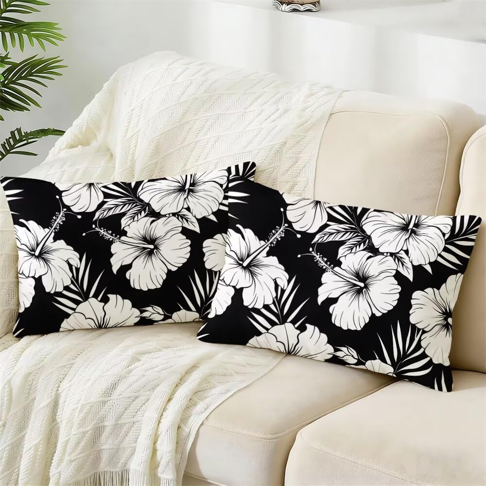 Federe Cuscini da Esterno Impermeabili 50x70 cm 2 Pezzi Federa Cuscino Estate Primavera Federe Copricuscini Fiori Bianchi Neri Fodera per Cuscino per Divano Soggiorno Patio Giardino Esterni -SC83