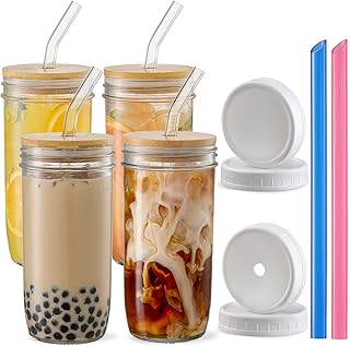 4 Pack Glass Cups Set - 24oz Mason Jar with Bamboo Lids and Glass Straw & 2 Airtight Lids - Cute Boba Drinking Glasses, Re...