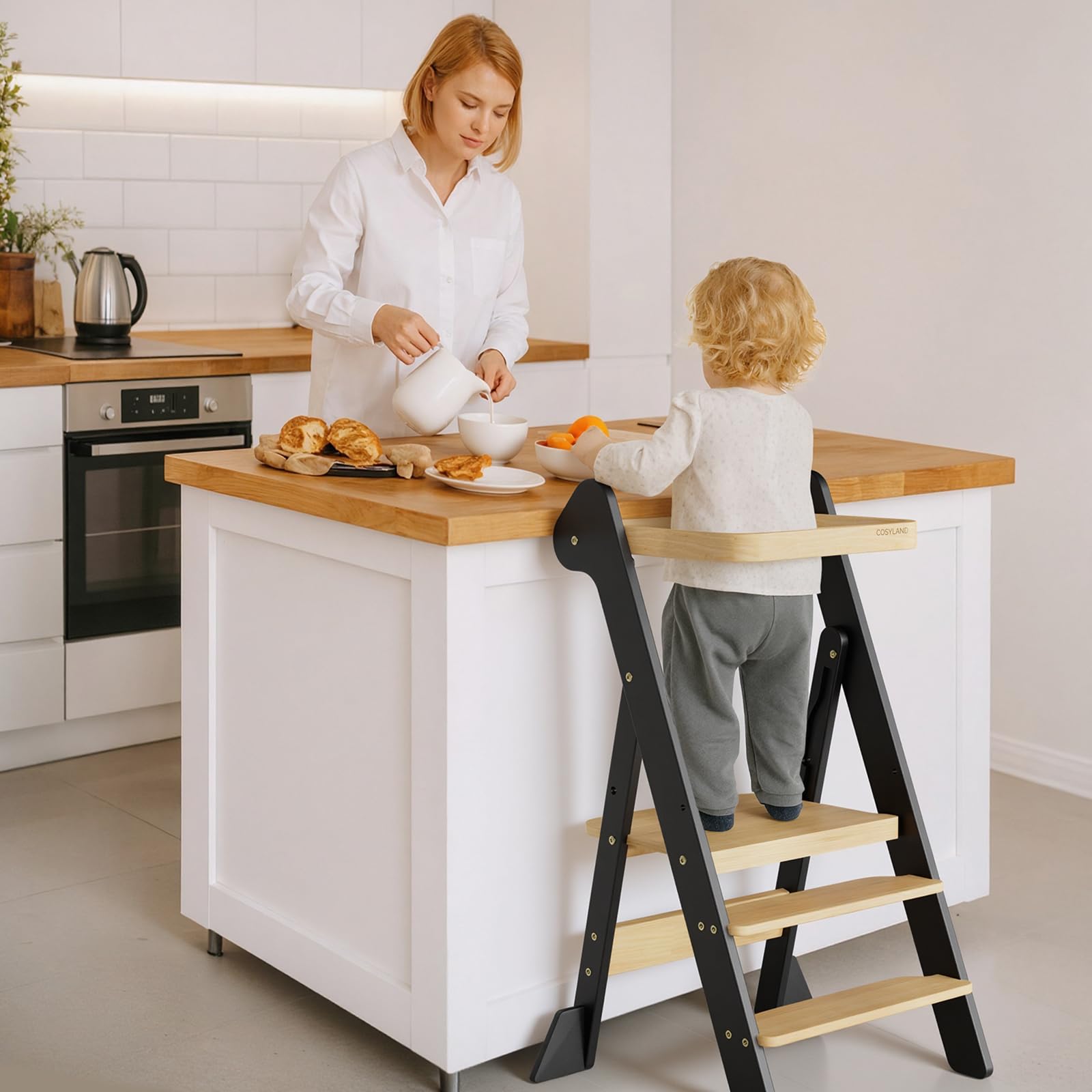 COSYLAND Składana Wieża Edukacyjna z Drewna od 1 Roku – Laureat Nagrody iF Design, z Siatką Zabezpieczającą i Regulowaną Wysokością, Idealna do Kuchni i Łazienki (Czarny i Naturalny)