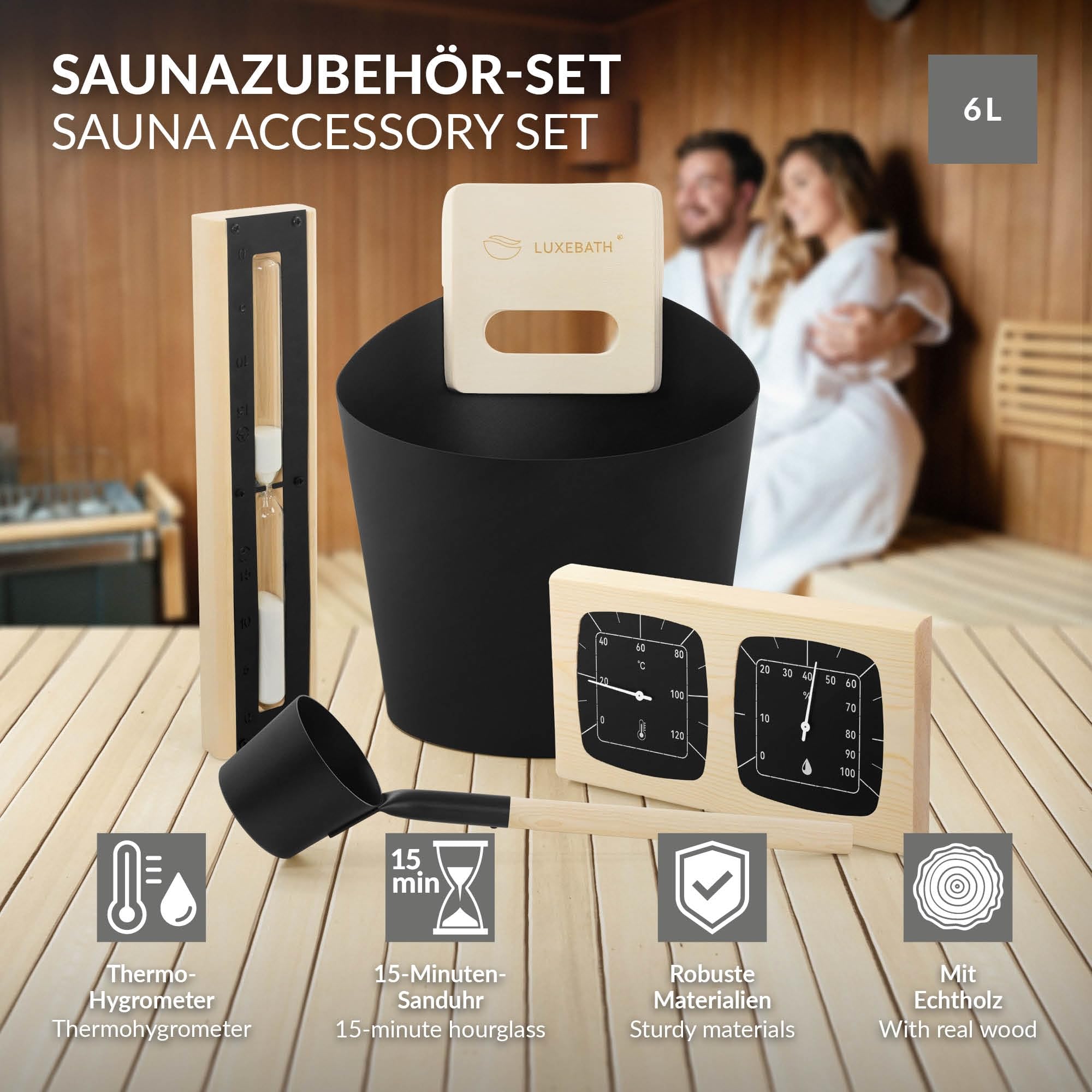LuxeBath Saunazubehör-Set aus Aluminium & Naturholz, Schwarz, Sauna Set 4-teilig, Aufgusskübel mit Griff & Schöpfkelle, Thermometer-Hygrometer & 15min Sanduhr, Saunaeimer 6L, Langlebiges Sauna Zubehör