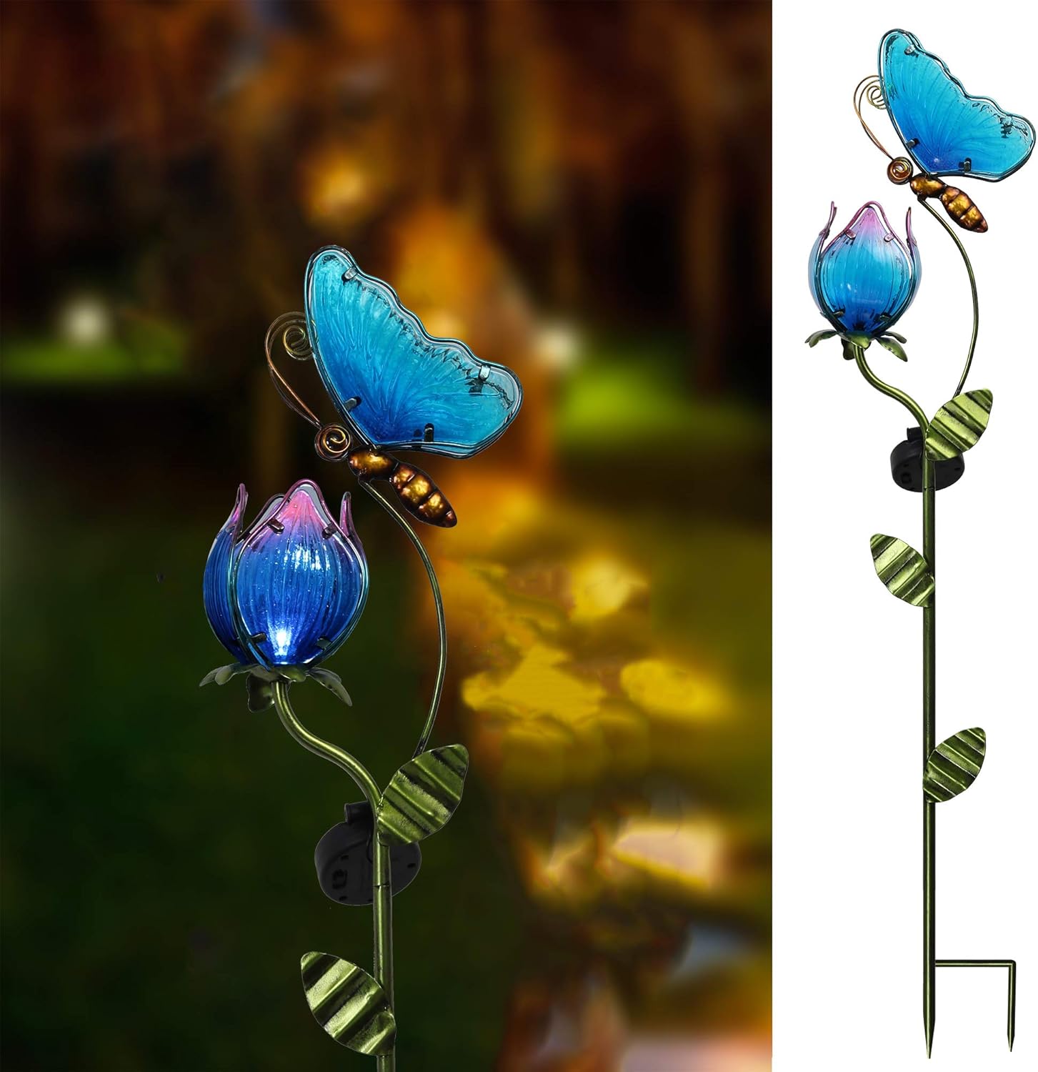 TERESA'S COLLECTIONS Glass Tulips Metal Garden Stake with Solar Lights(2 pcs), Flower and Birds Solar Powered Lawn Ornaments for Outdoor Patio Yard Decorations