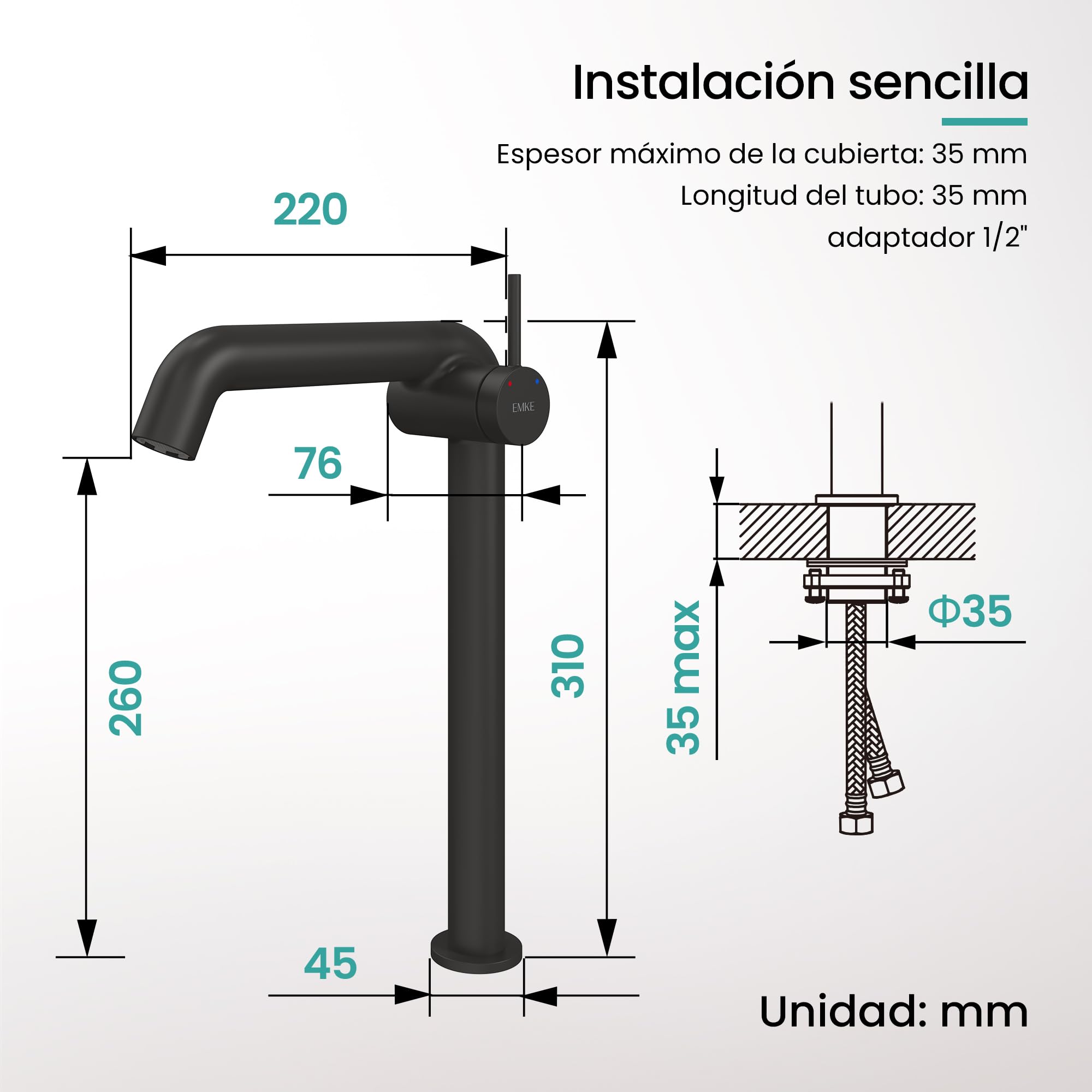 EMKE Grifo de baño Negro Mate, 332 x 220 x 76 mm, fácil instalación | cartucho cerámico, ahorro de agua, grifo de lavabo,mezclador monomando de latón