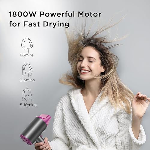 Miniatura 2 de Secador de pelo de secado rápido, secador iónico de 1800 W con botón frío, boquilla giratoria de 360 compacta y ligera para viajes, hogar, salón, 10