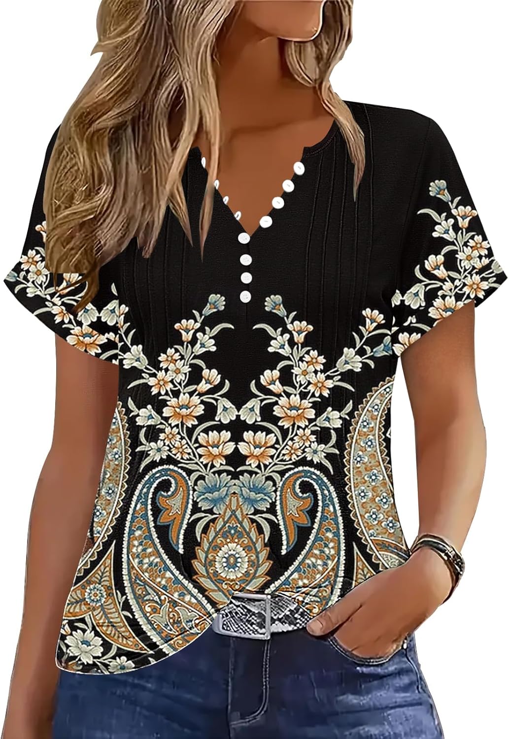 Soesdemo Short Sleeve Shirts for Women V Neck Button Down Floral Soft Boho Womens Blouses Casual Loose Fit Peasant Blouse