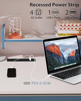 Drawer Outlet, Recessed Power Strip with USB C PD65W Fast Charger Station