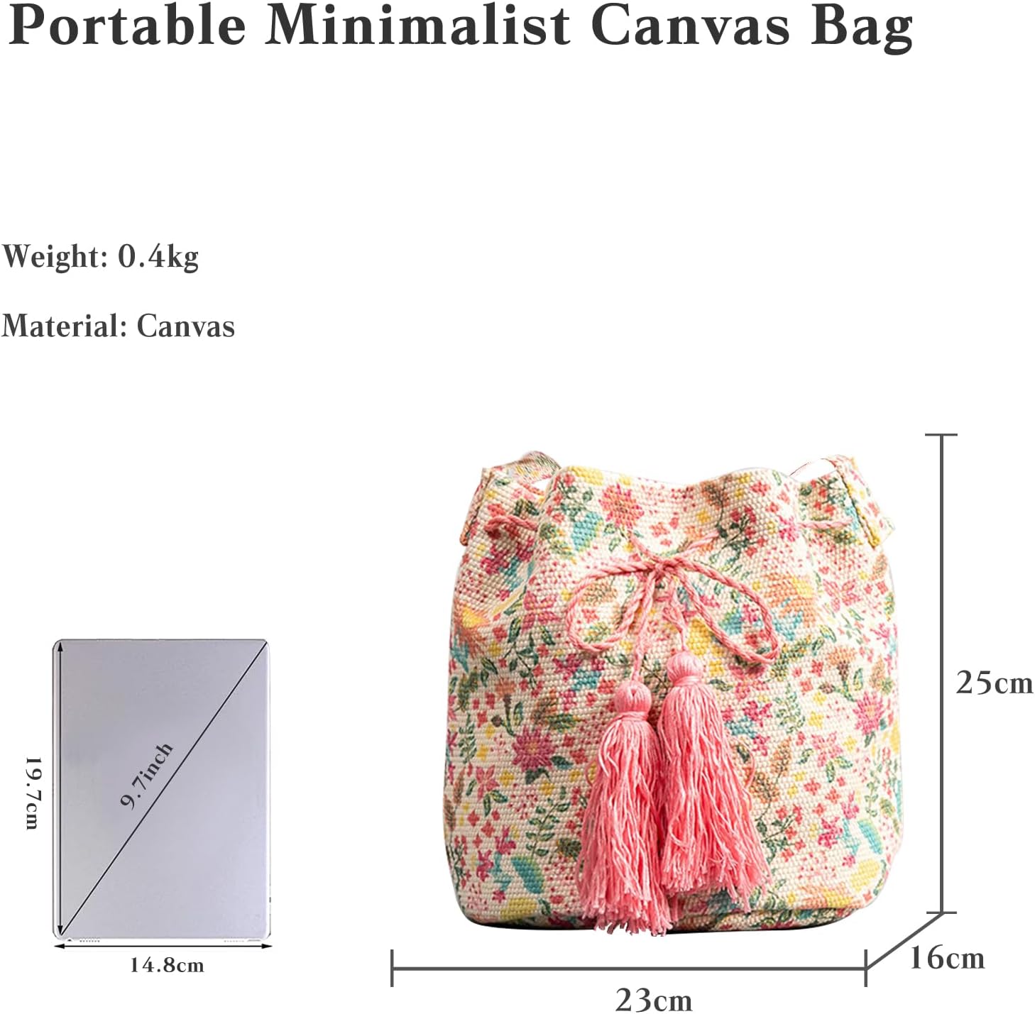 CORIOS Ethnic Tote Bag for Women Canvas Handbag Bohemian Bucket Bag Retro Shoulder Crossbody Bag with Tassels