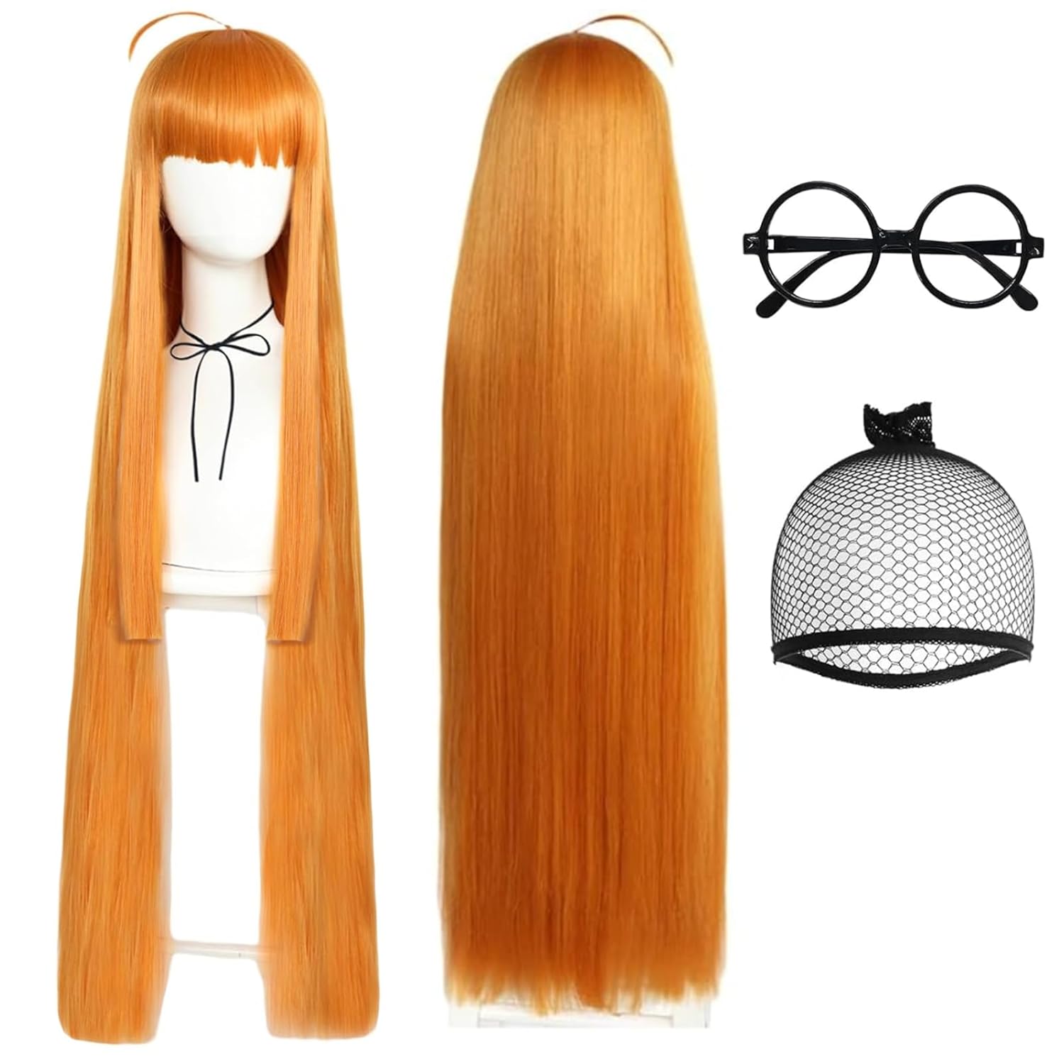 ANOGOL Hair Cap+1 Pair of Glasses 108 cm Long Orange Wig for Women Long Straight Orange Wig with Bangs for Anime Cosplay Striaght Ginger Hair Wigs for Halloween Party Game Character Anime Event