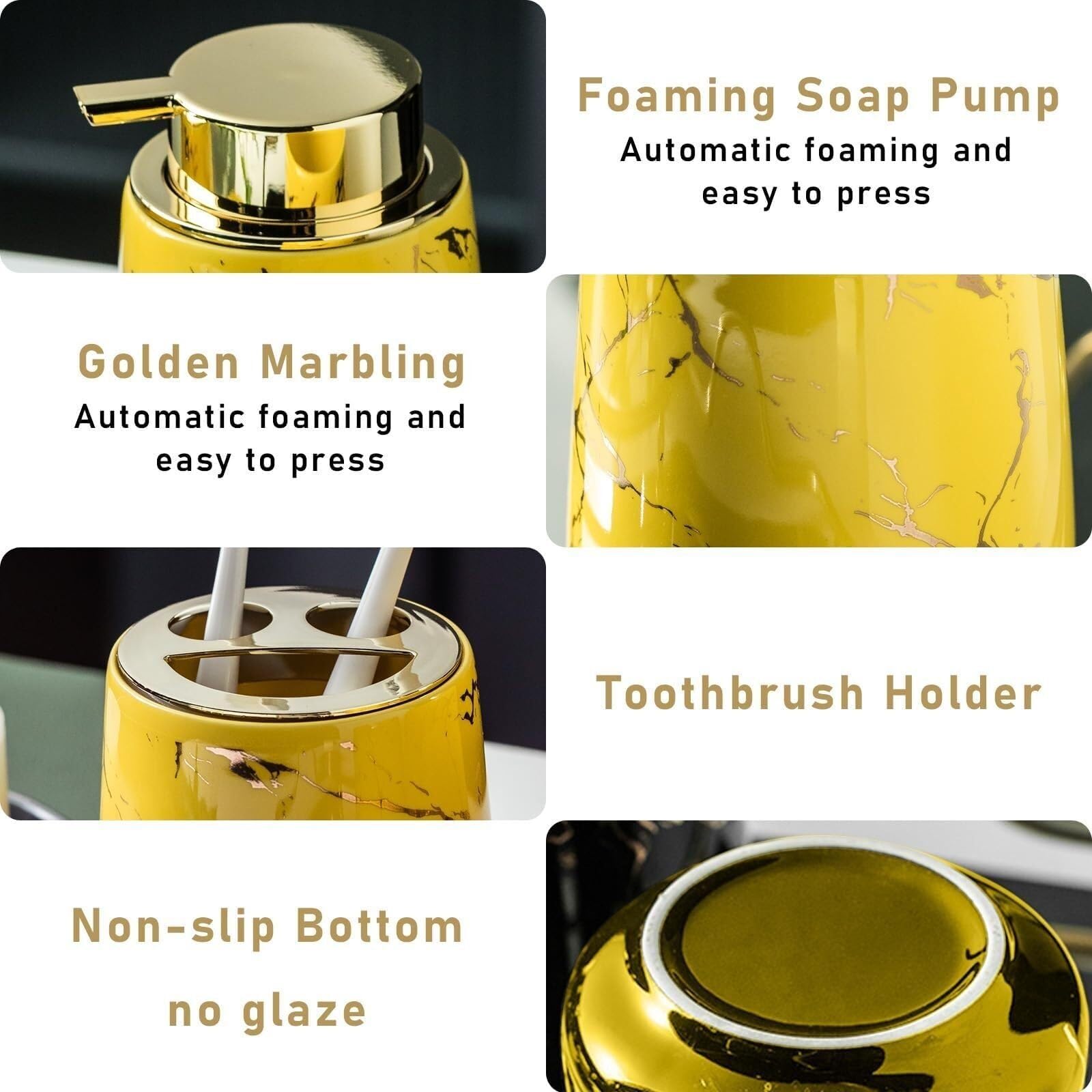 Set di accessori per il bagno Set di lavaggio con dispenser sapone in marmo, pompa for lozione for le mani, portaspazzolino e bicchieri Arredamento per gli affittuari(Yellow Four Piece)