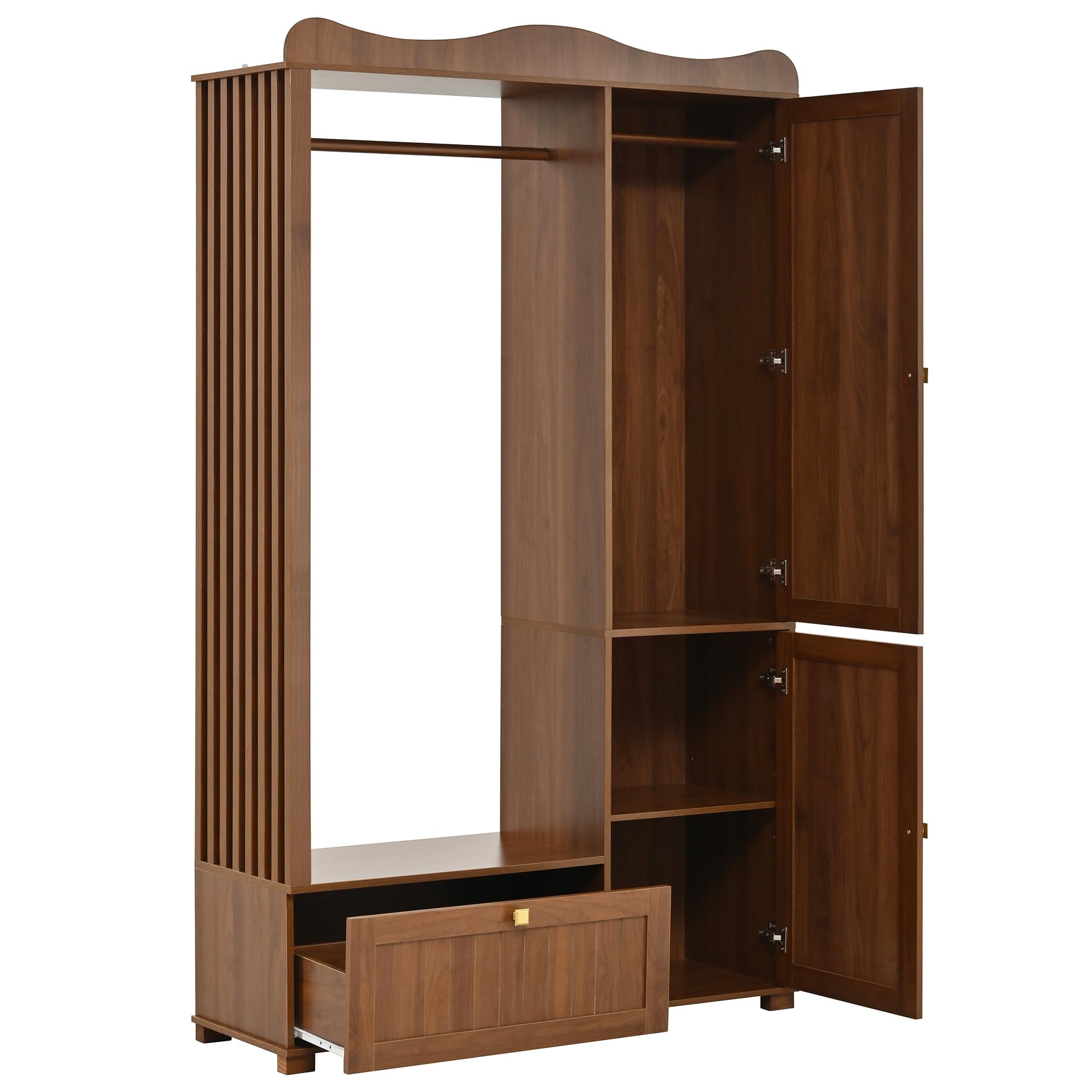 Moimhear Garderobenschrank mit Spiegel & Offener Kleiderständer, 115.5x38.5x194.5cm, Kompaktgarderobe, mit Schublade & 2 Türen, für Schlafzimmer & Flur (Nussbaum)