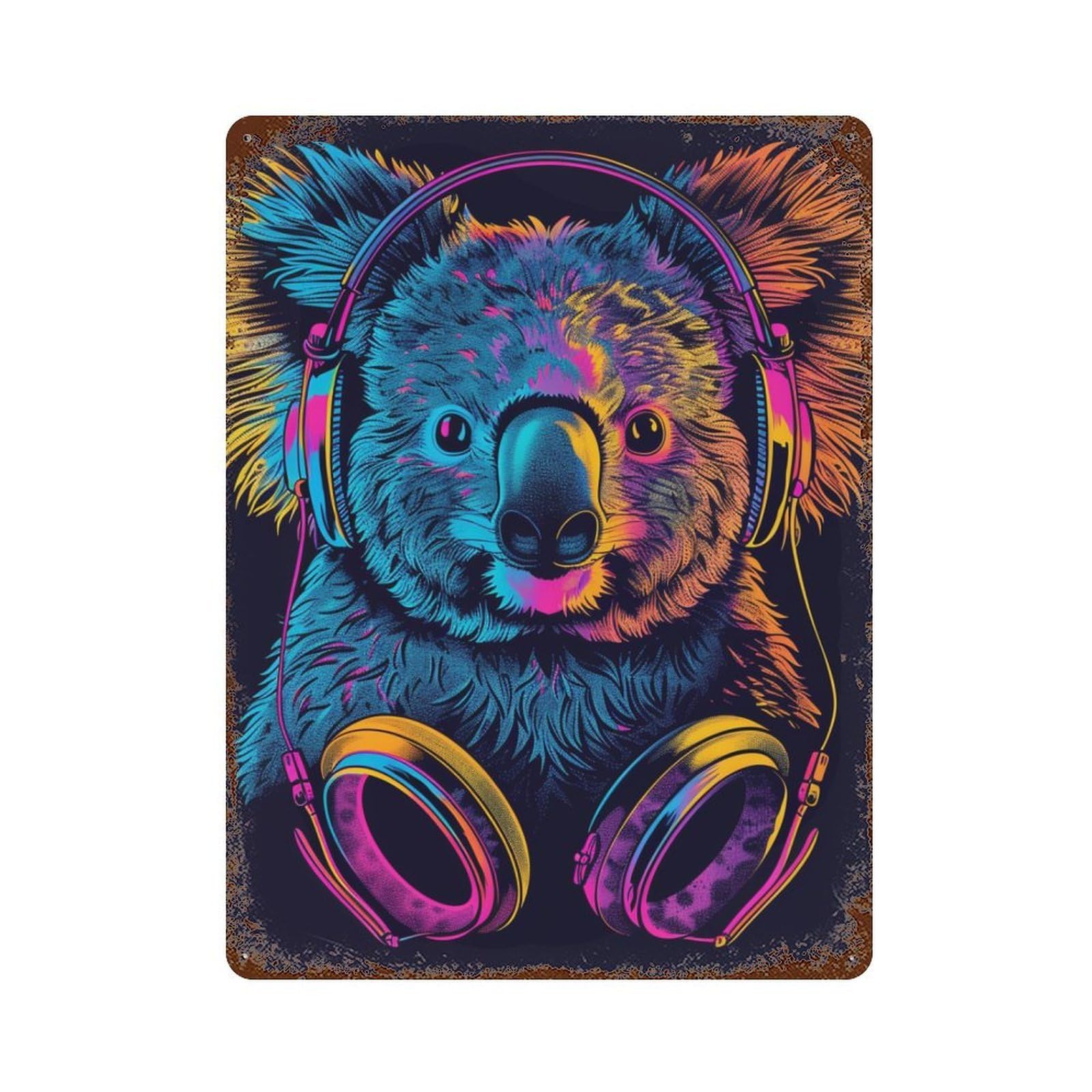 Koala Headphones Fun Art Print Rustic Tin Plaque 15.7"x11.8", Classic Wall Plaque for Garage, Pub Or Kitchen