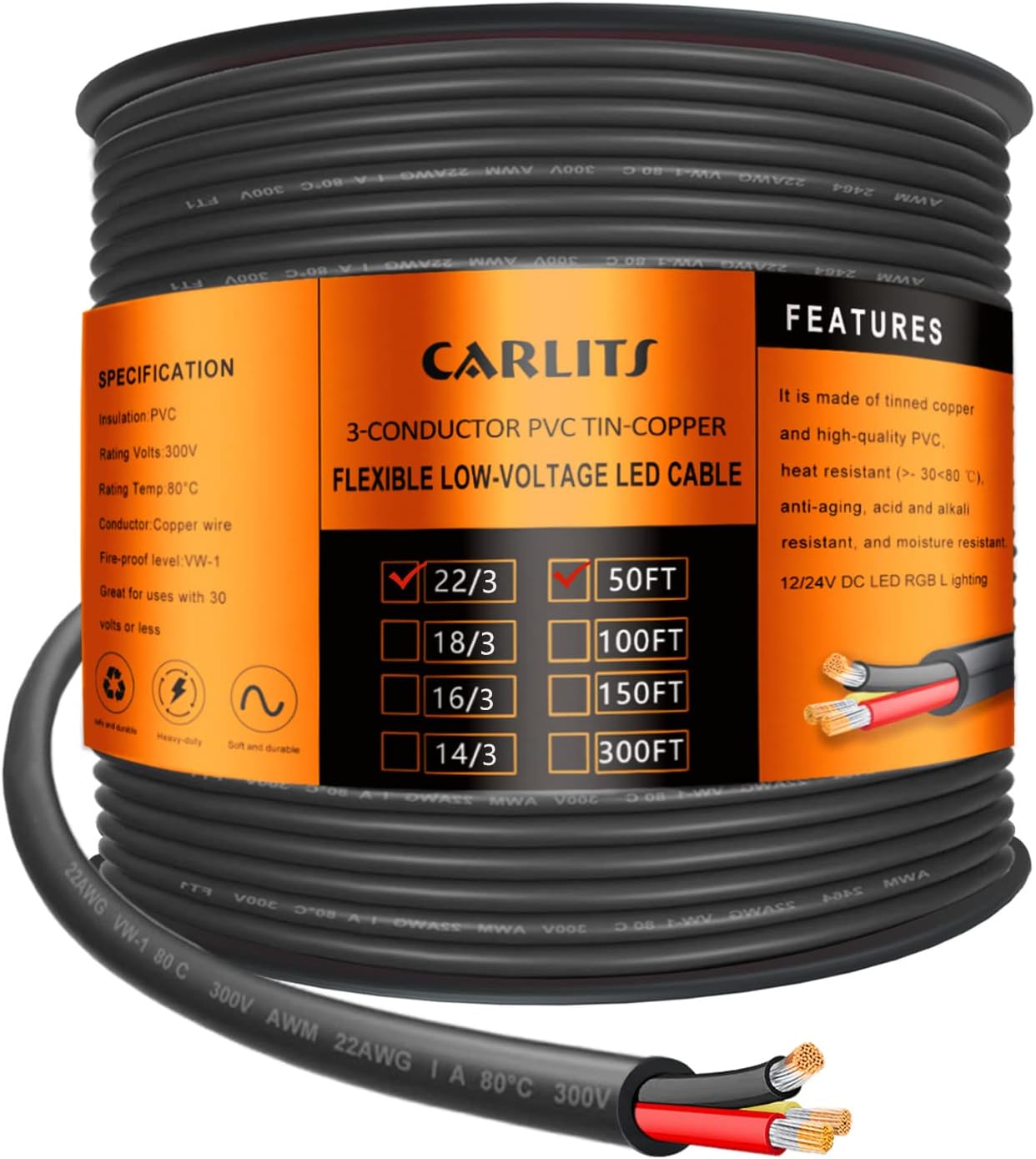 22 Gauge 3 Conductor Electrical Wire, 50FT Black Stranded Low Voltage 22/3 Cable PVC Case, Flexible Extension Power Cord for LED Lamp