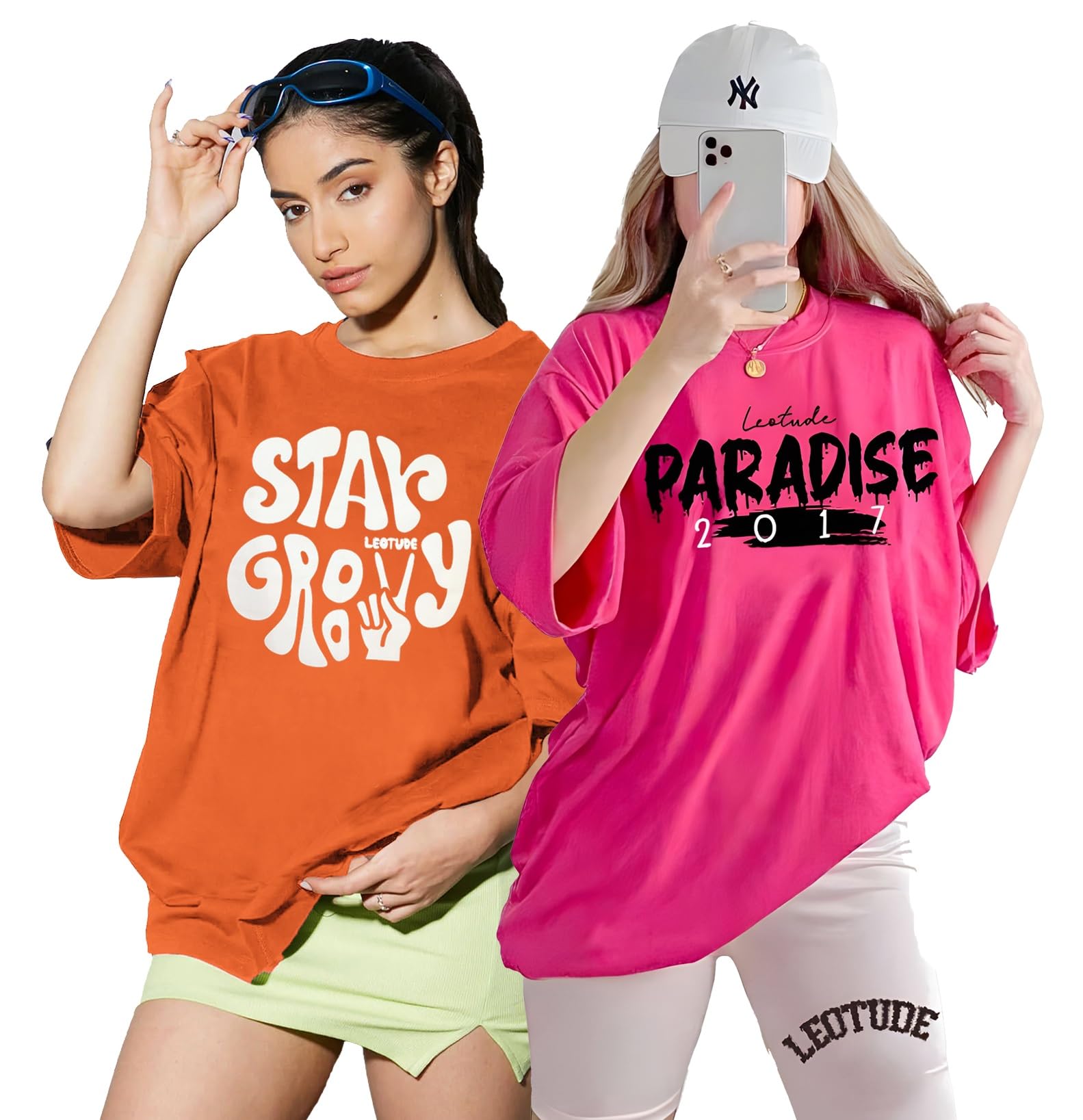 Cottonblend Oversized Half Sleeve Colorful Printed Combo T-Shirts for Women (Pack of 2)-image-12