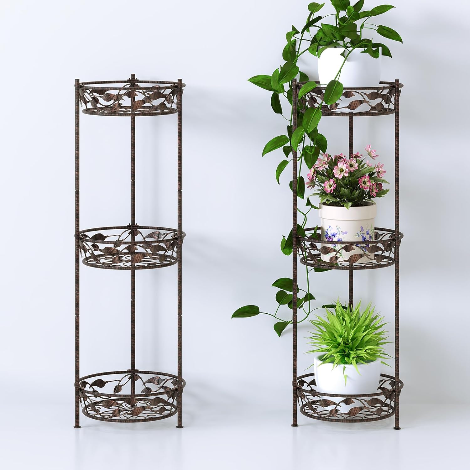 Plant Stand, Heavy Duty Metal Plant Stand Indoor Outdoor, Tall 3 Tiers Plant Shelf for Multiple Plants Pots, Flower Pot Stand for Home, Patio & Garden, Brushed Copper Round-Brushed Copper