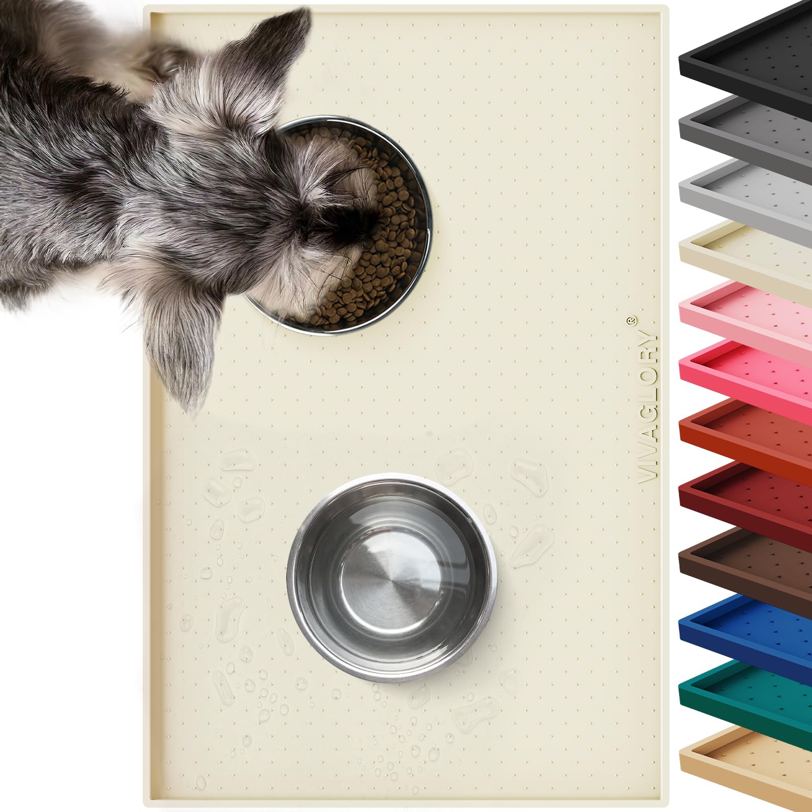 VIVAGLORY Dog Food Mat, Cat Dog Feeding Mat, Waterproof Non-Slip Food Grade Silicone Mat Placemat with Raised Edge, Anti-Messy Pet Bowl Mat for Food