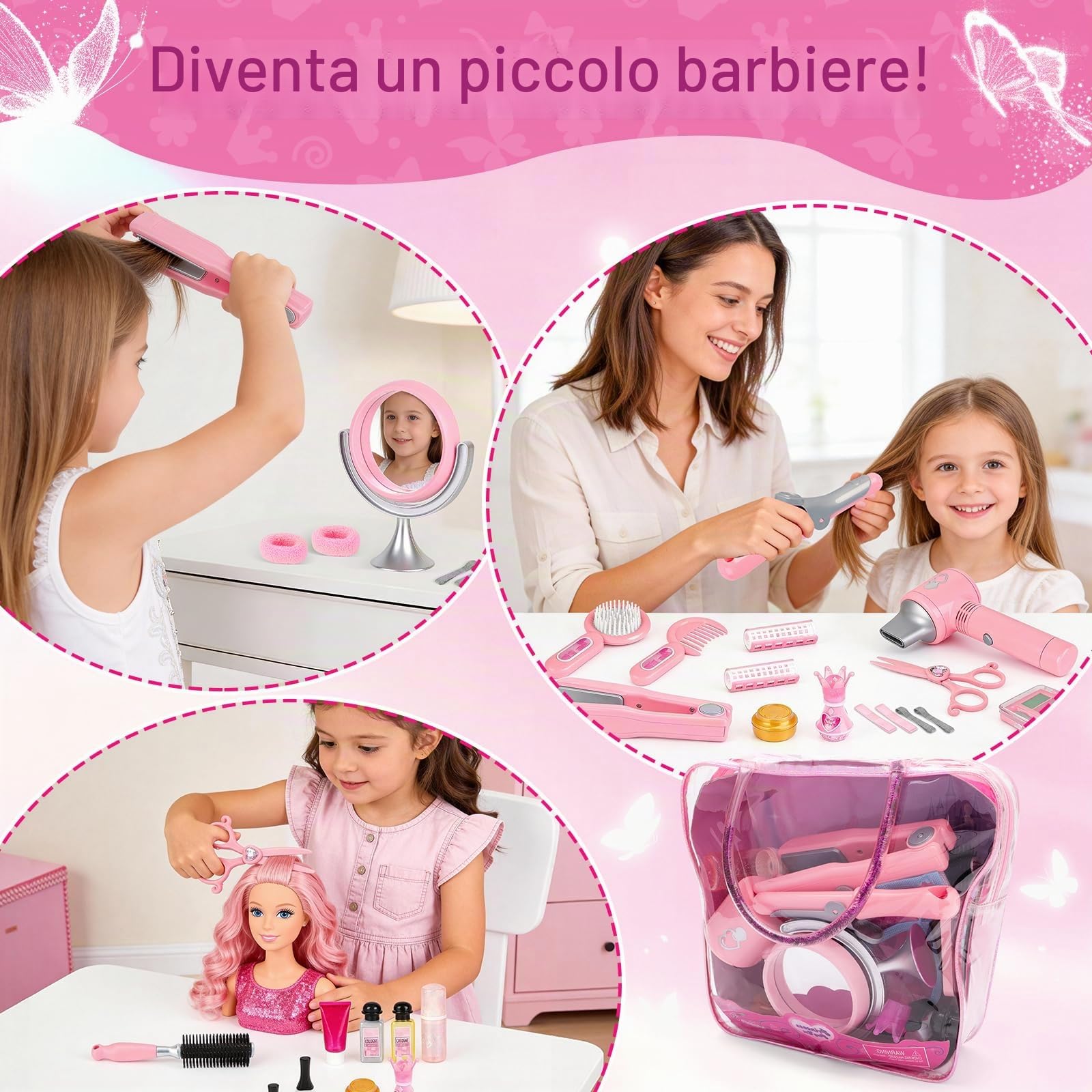 deAO Set di Salone di Bellezza per Bambine, 35 Pezzi Parrucchiere Simulazione Playset con Asciugacapelli, Ferro arricciacapelli e Altri Accessori, Kit di Trucco Simulato per Bambini