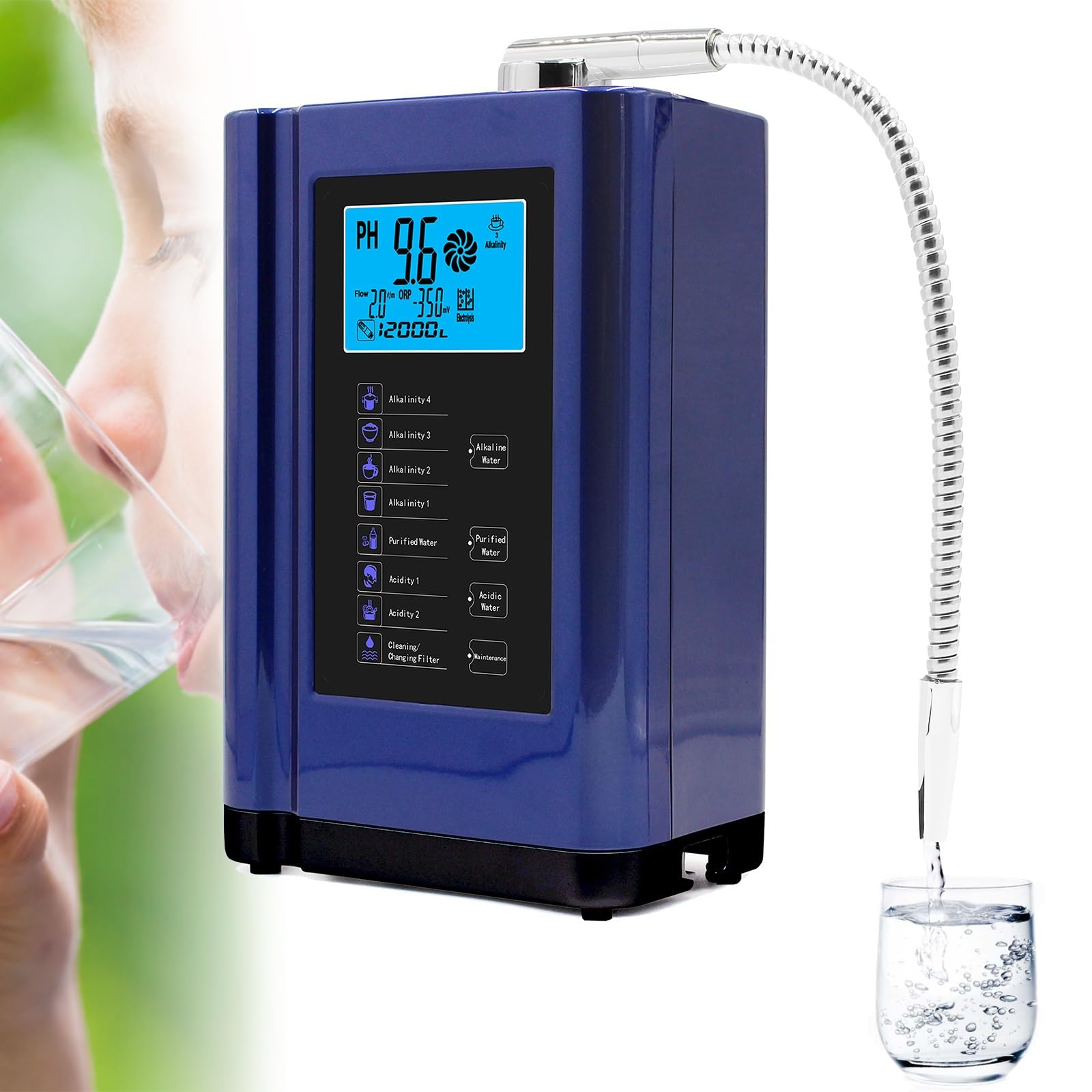 Macchina Ionizzatore e purificatore Acqua alcalina,Acqua acida alcalina PH 3-11, autopulente, Filtro per Acqua Potabile alcalina acida Domestica, Auto Cleaning(Blue)