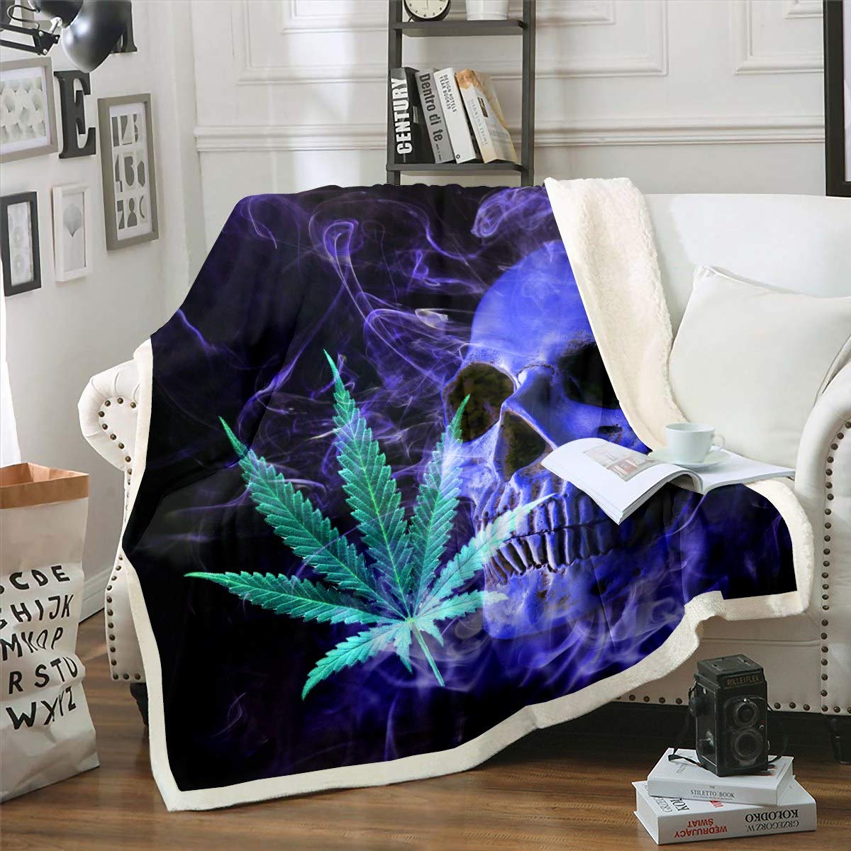Homemissing Cannabis Leaves Sherpa Blanket Skull Skeleton Design Fleece Throw Blanket for Kids Boys Girls Gothic Bones Botanical Comforter Cover White Black Fuzzy Blanket for Sofa Bed,King 87x94 Inch — image 1