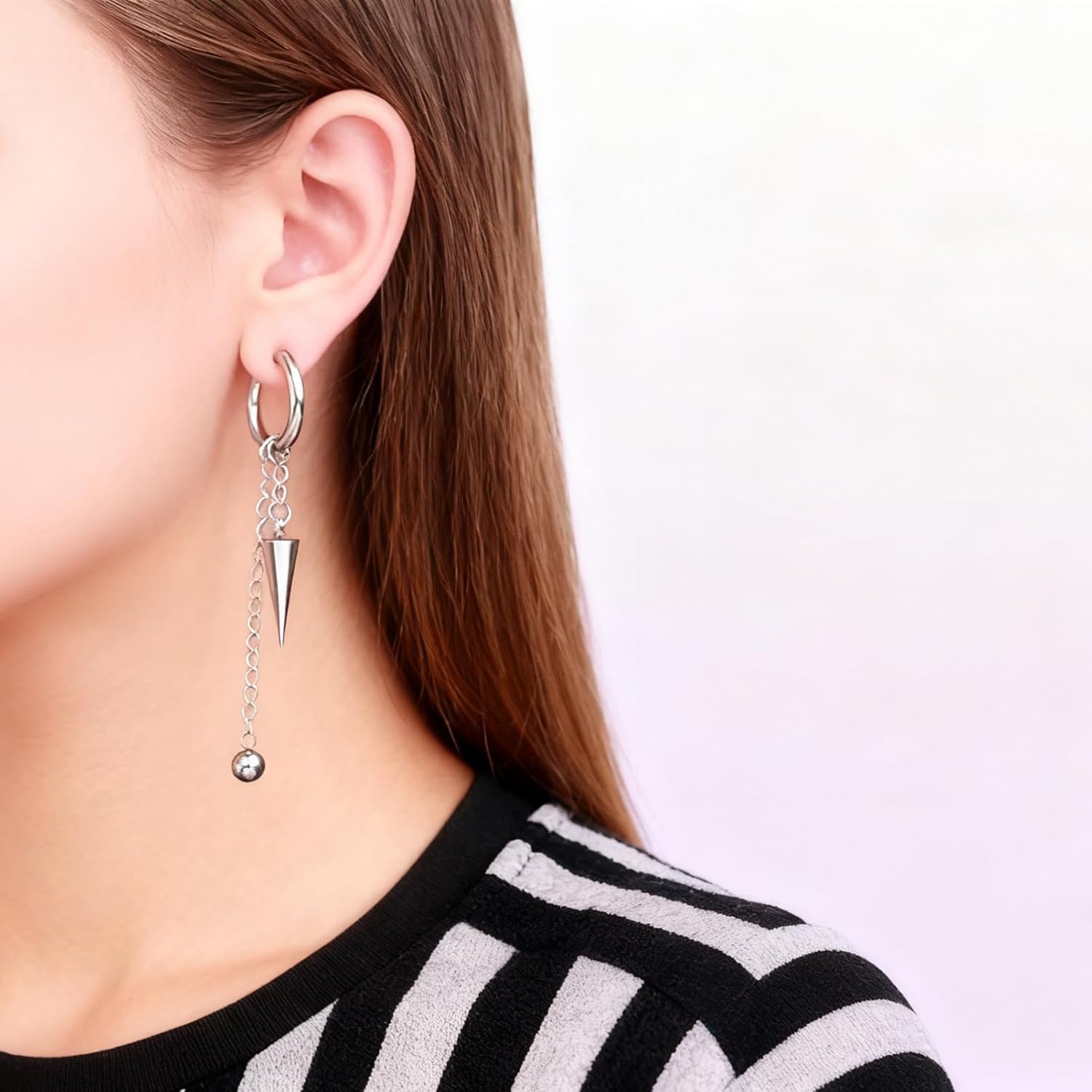 Xusamss Punk Jewelry Stainless Steel Huggie Hinged Earrings Spike Long Chain Dangle Drop Hoop Earrings - Image 6