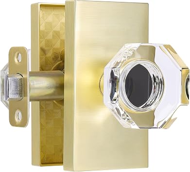 Octagon Crystal Glass Gold Door Knob Interior, Modern Classic Passage Hall/Closet Door Knobs, Satin Brass