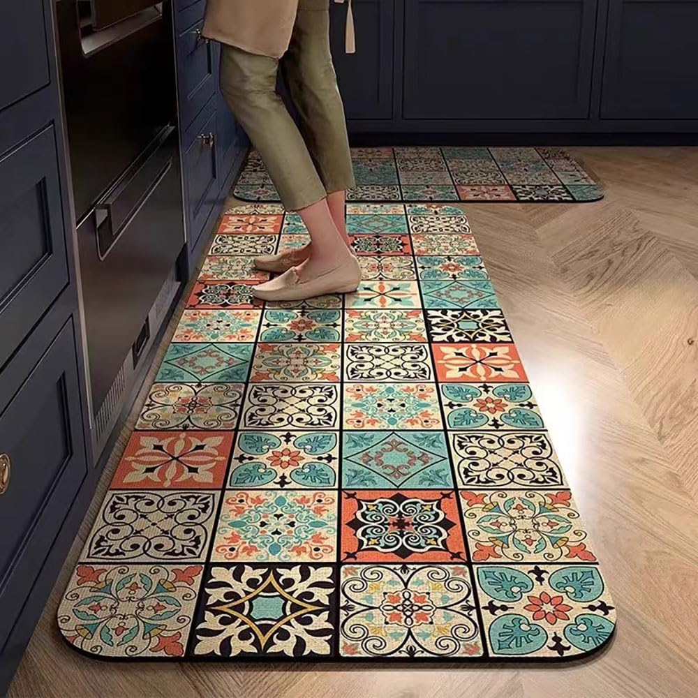 Tapis de cuisine en diatomite absorbant Hixingo 50x140cm au style carreaux rétro pour évier